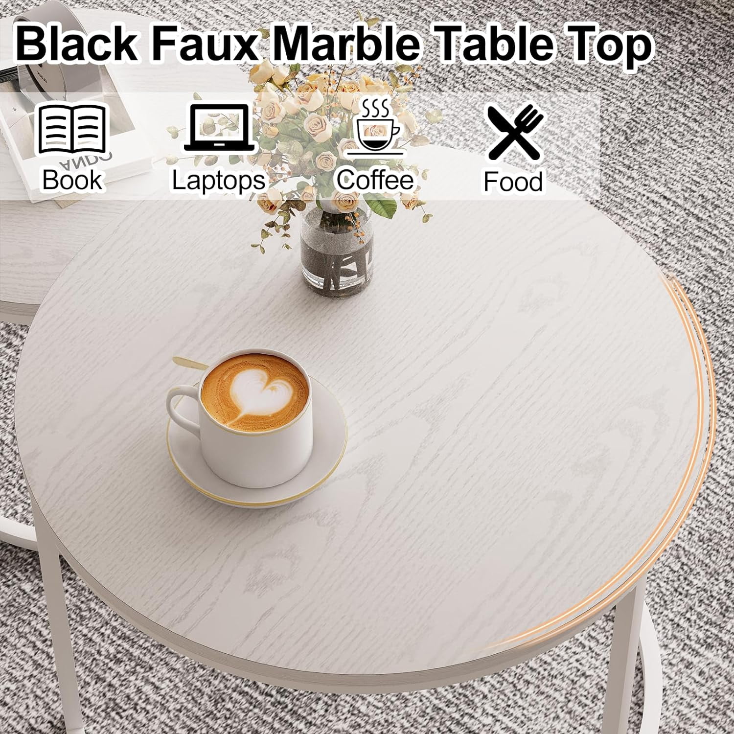 Nesting Coffee Table Round Side Table Set of 2 End Tables for Living Room Bedroom Balcony,White Wooden Stacking Accent Coffee Tables with Metal Frame - Image 8