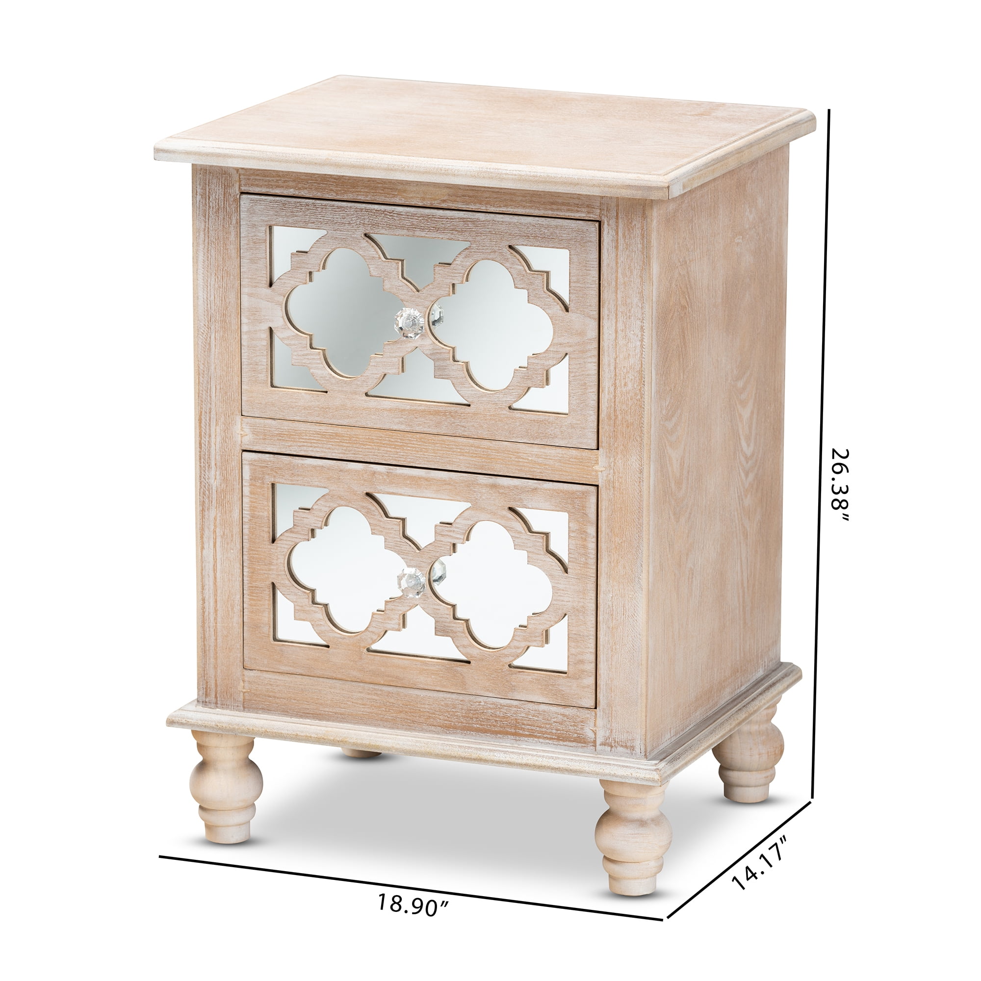 Baxton Studio Celia Transitional Rustic French Country White-Washed Wood and Mirror 2-Drawer Quatrefoil End Table - Image 9