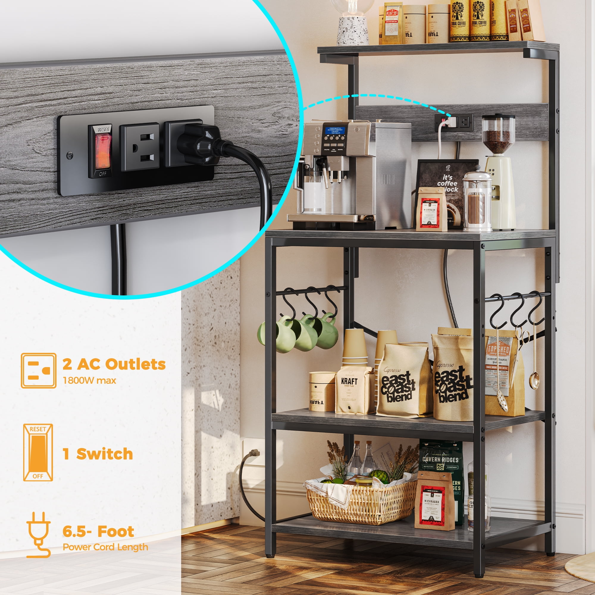 SUPERJARE Bakers Rack with Power Outlet, Kitchen Coffee Bar Table, Wood Microwave Stand with Hooks and Storage Shelves, Kitchen Shelf Rack, Charcoal Gray - Image 5