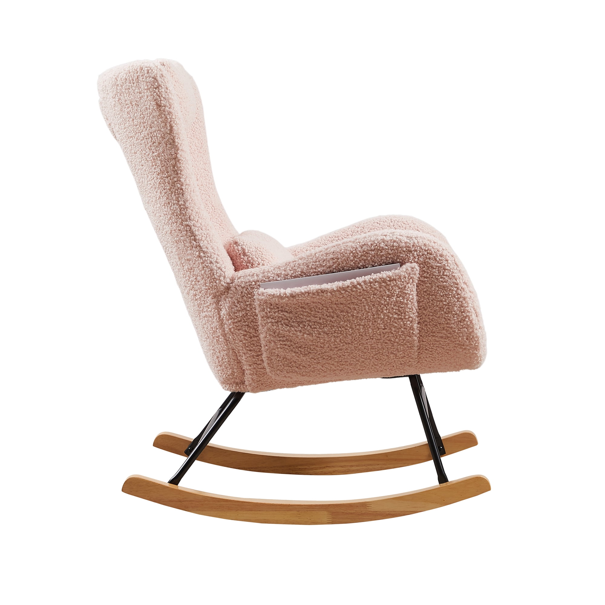 DEALTOPS Nursery Rocking Chair, Modern Rocking Chair with High Backrest and Armrests, Upholstered Glider Rocker with Solid Wood Legs, Comfy Side Chair for Living Room Bedroom-Pink - Image 2