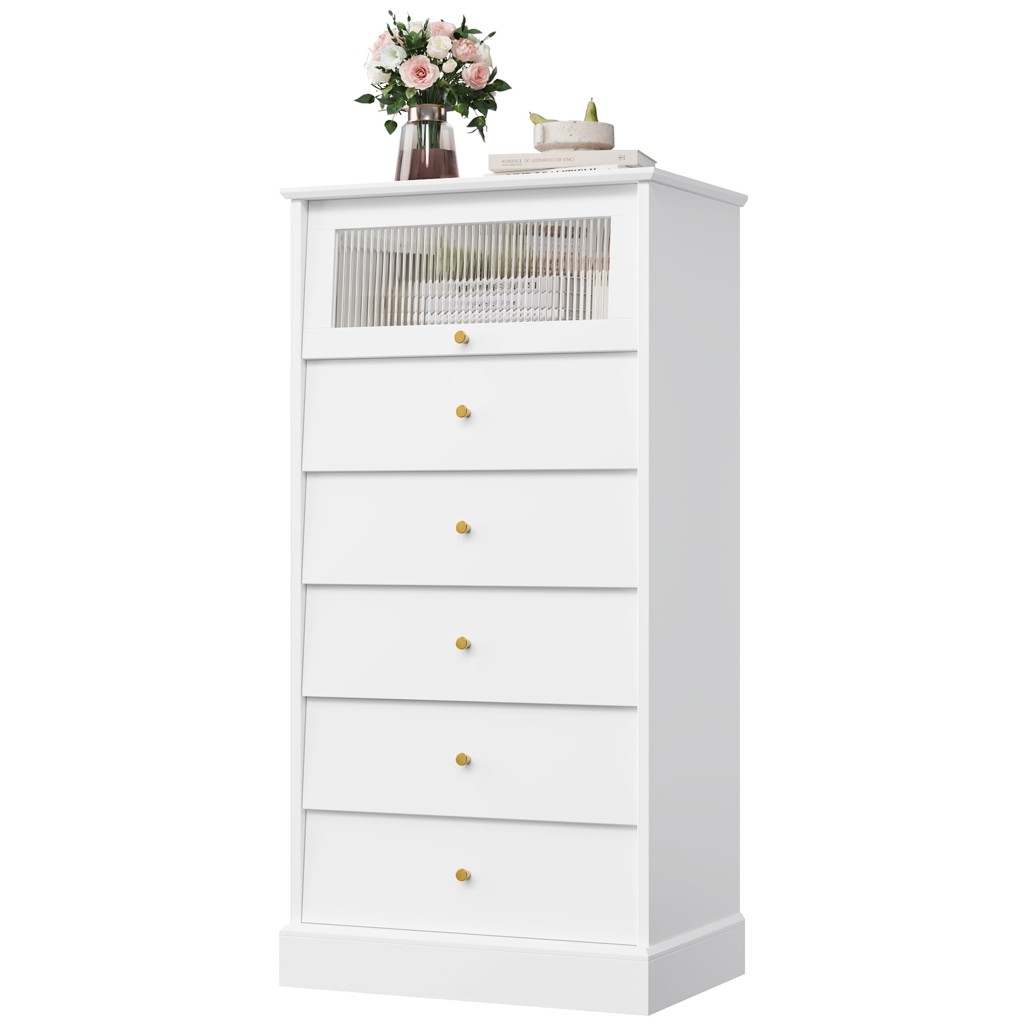 Homfa 6 Drawer Vertical White Dresser for Bedroom, Glass Door Modern Wood Storage Cabinet with Metal Knobs for Living Room - Image 7