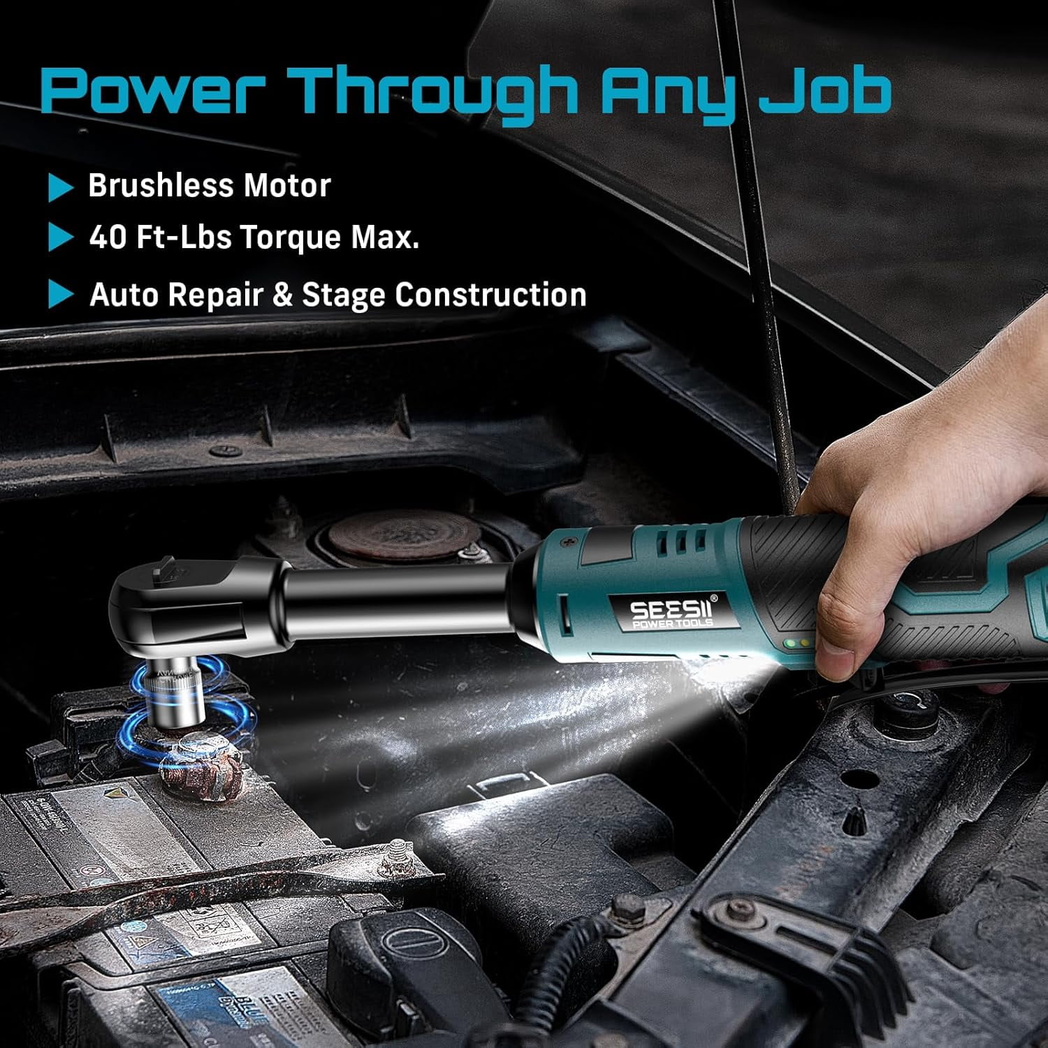 Seesii 3/8" Cordless Ratchet Wrench, 40Ft-lbs (54N.m) 220RPM Light Weight Powered Electric Ratchet, 6" Extended Long Neck with Built-in LED, 2x 2.0Ah Batteries, 7x Sockets(10/11/12/13/14/15/17mm) - Image 5