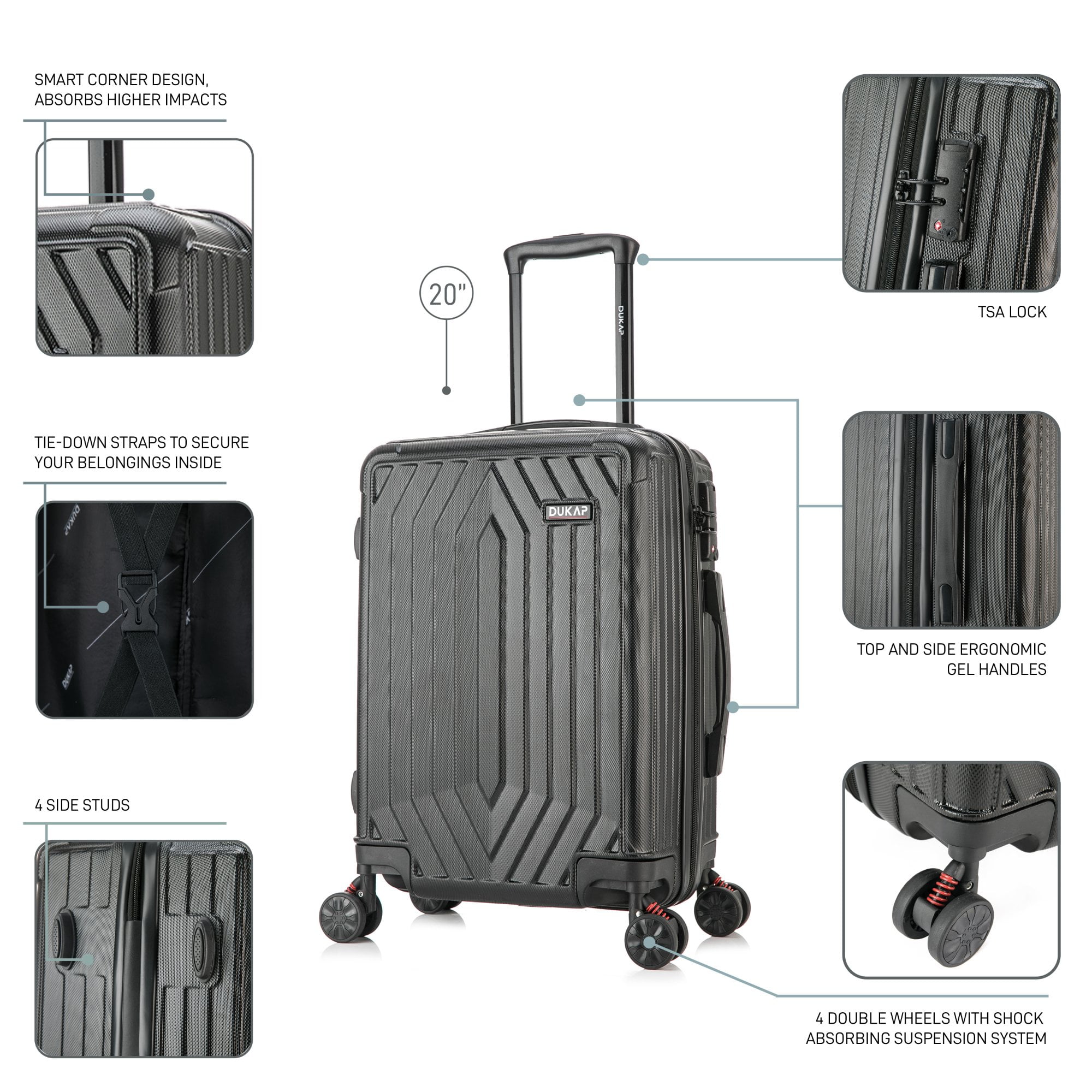 Dukap 20” Unisex Hardside Spinner Luggage, Black - Image 4