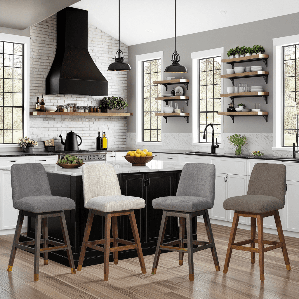 Armen Living Indoor Amalie Swivel Counter Stool in Gray Oak Wood Finish with Gray Boucle Fabric - Image 13