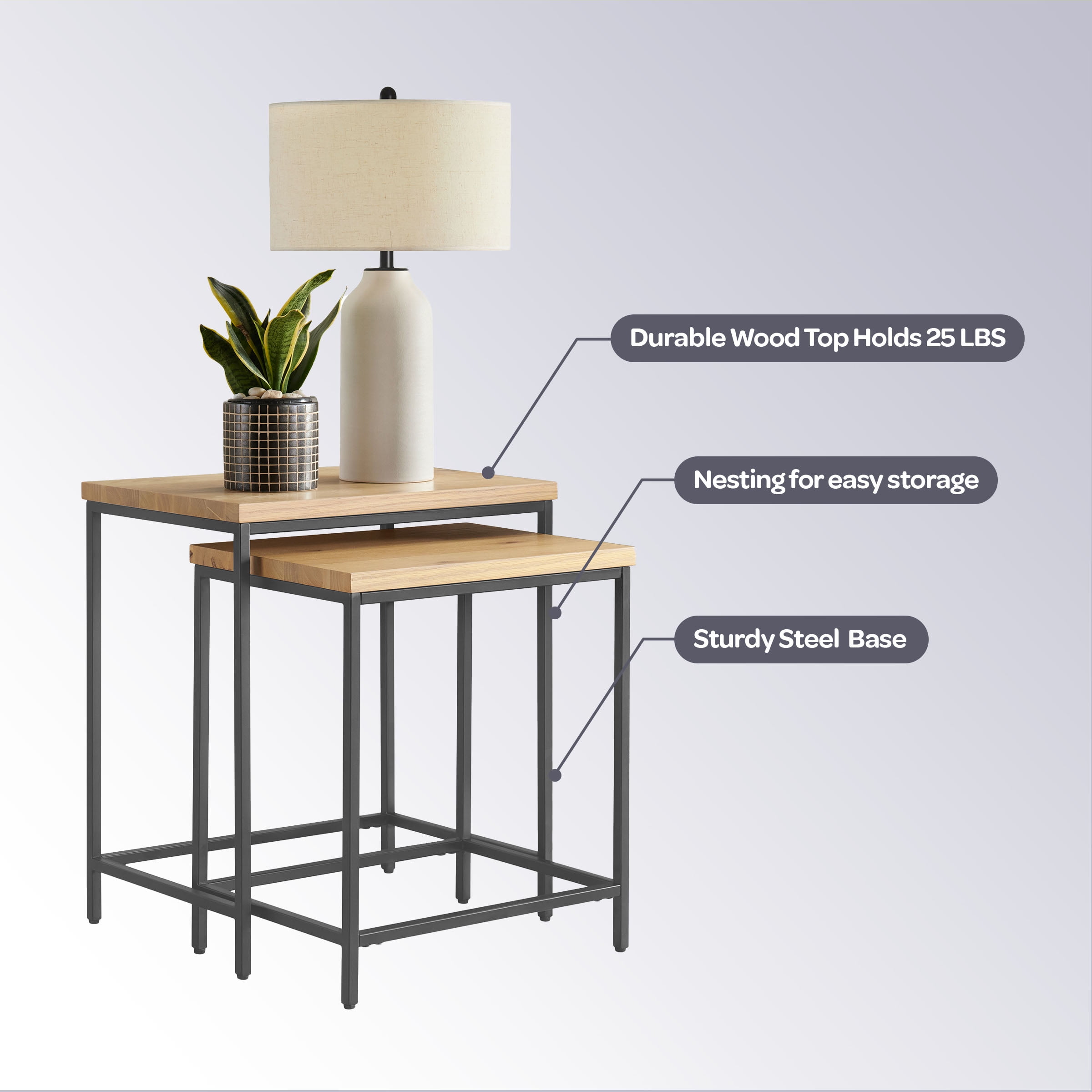 Lavish Home Set of 2 Modern Nesting Tables, End Tables for Living Room with Oak-Finished Top and Sturdy Metal Base - Image 12