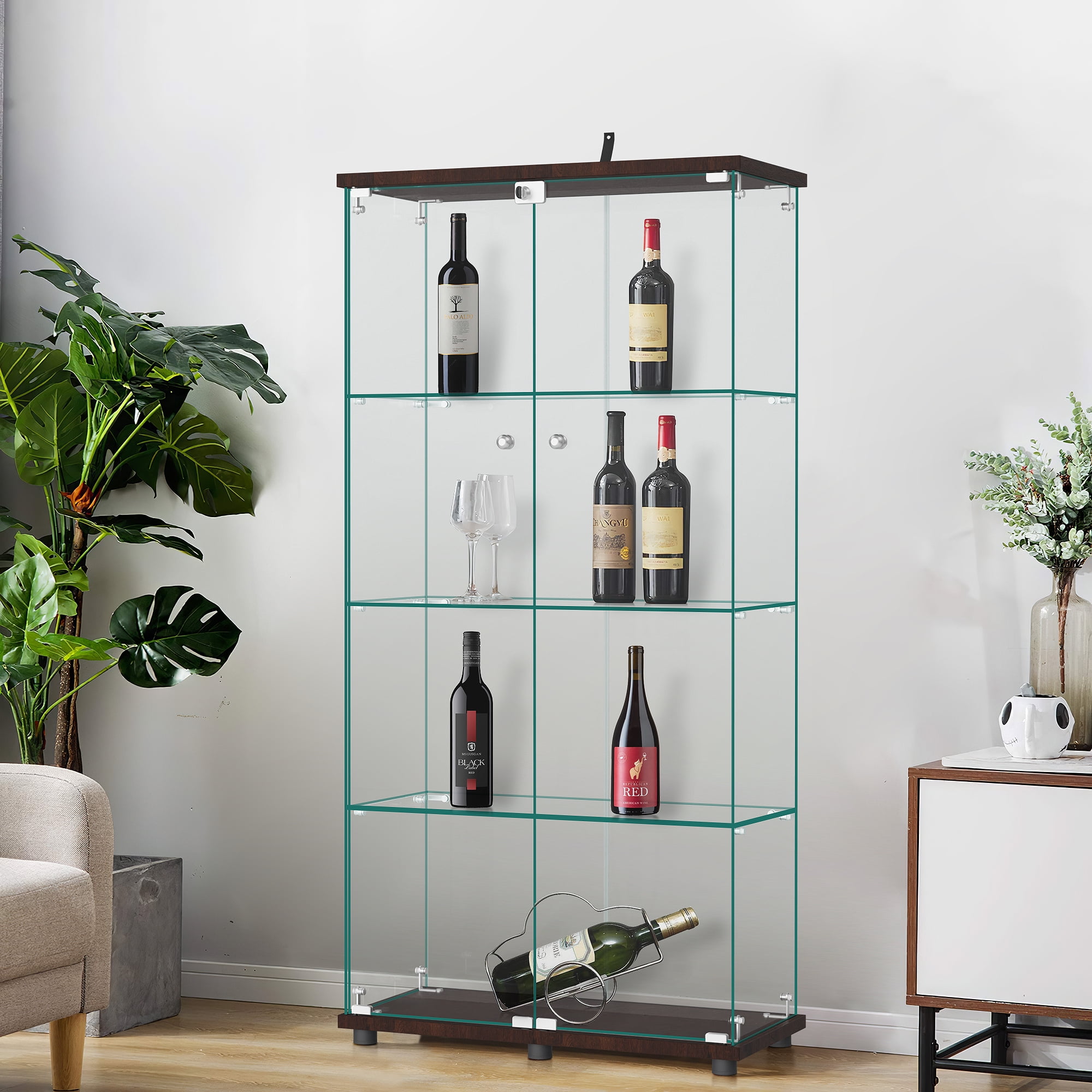 MAYEERTY Glass Display Cabinet with Double Door, 4-Tier Curio Cabinet Collection Showcase, Brown, 64.5"x32"x14.4" - Image 4