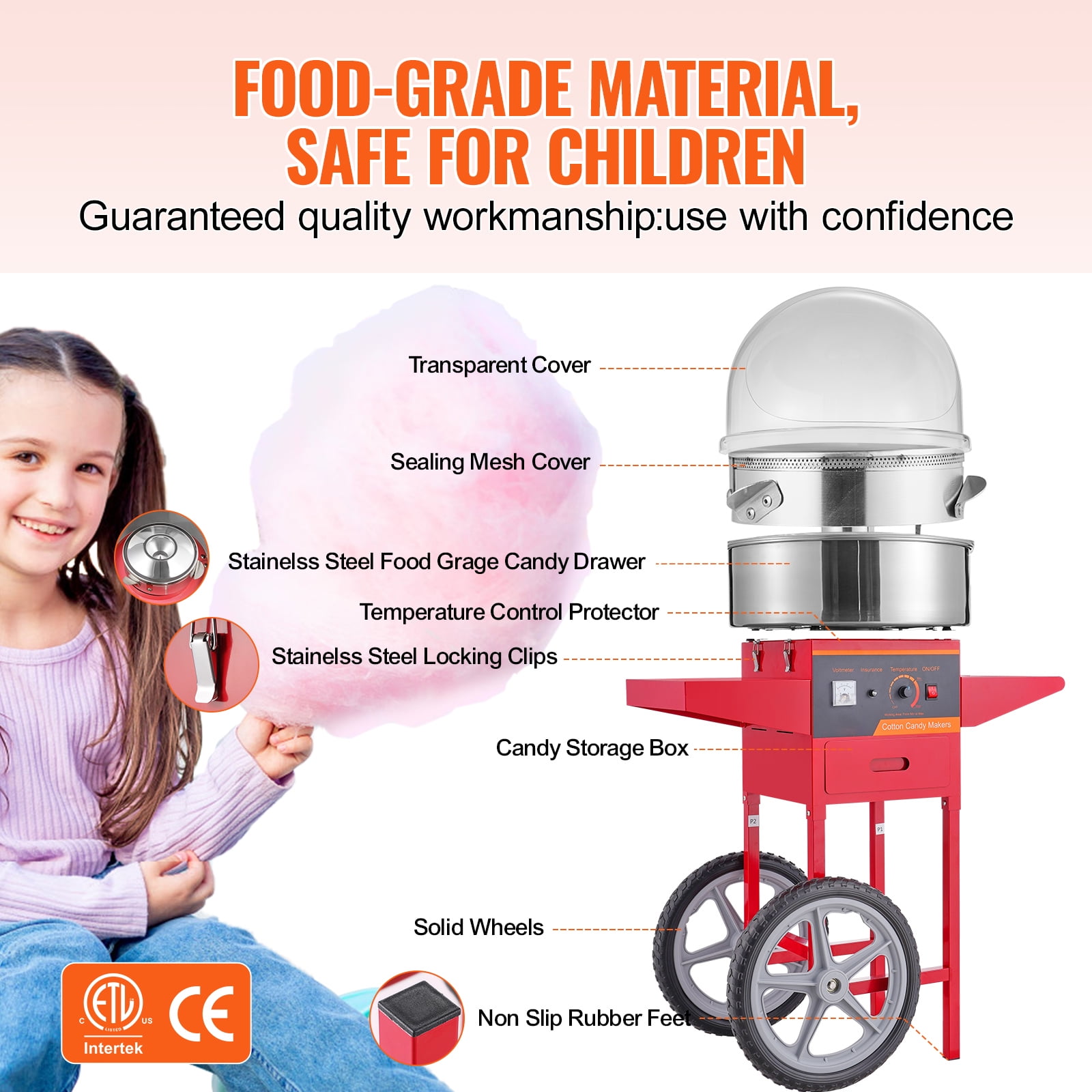 KFFKFF Electric Cotton Candy Maker on Wheels, 1000W Professional Sugar Floss Machine with Protective Lid, Metal Bowl, Sugar Spoon & Storage, Ideal for Domestic Use, Children's Birthdays - Image 6