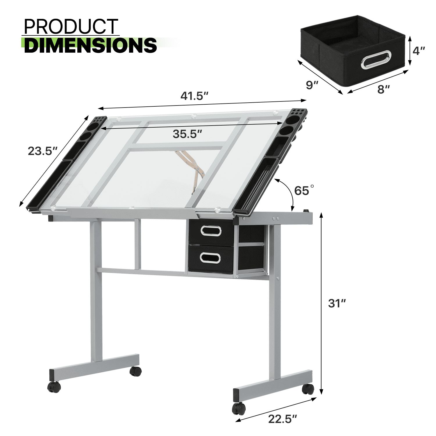 Magshion Tempered Glass Adjustable Height Drafting Table with Dual Drawers and Side Trays, Gray - Image 5