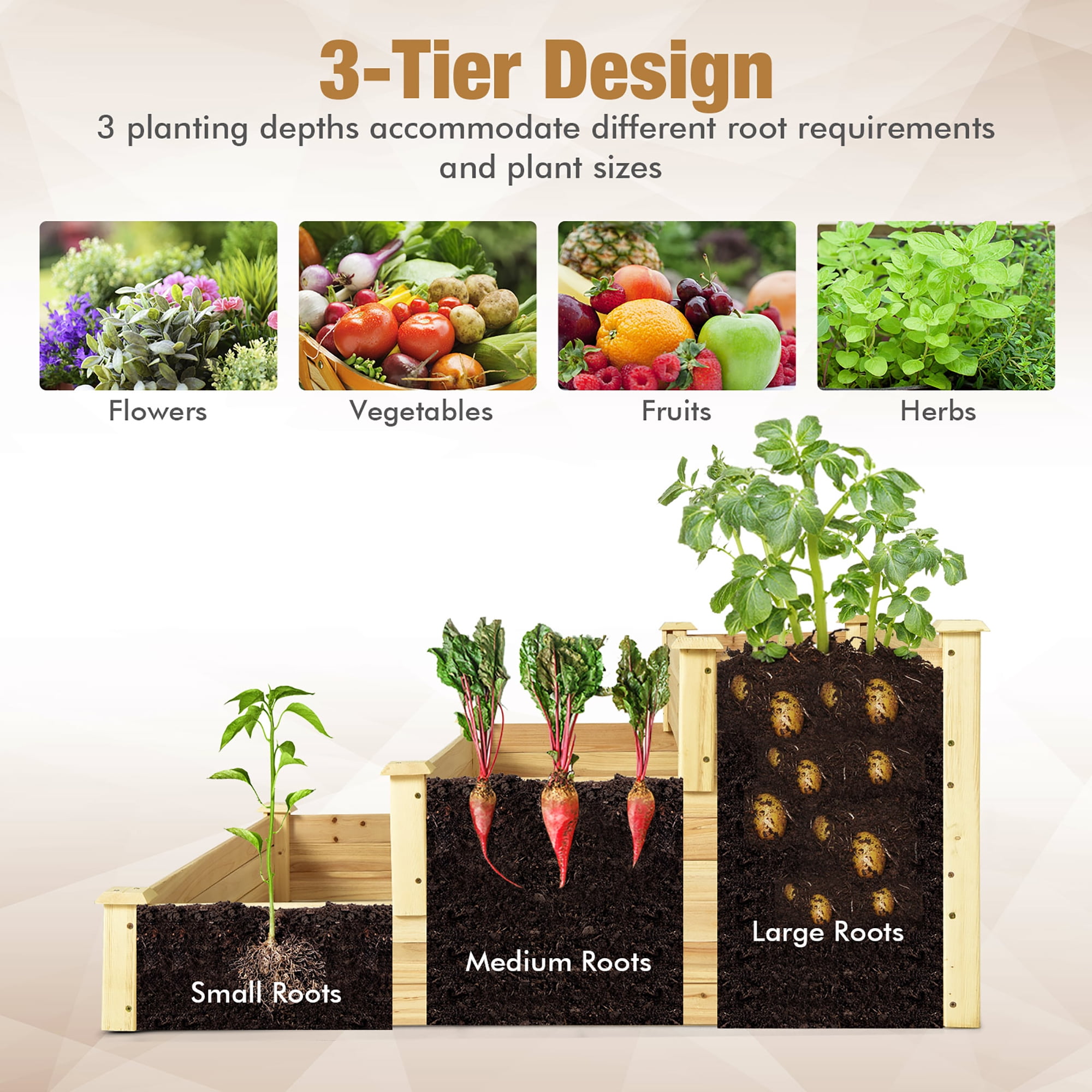 Costway 3-Tier Raised Garden Bed Wood Planter Kit for Flower Vegetable Herb 48x 48x 22in - Image 8