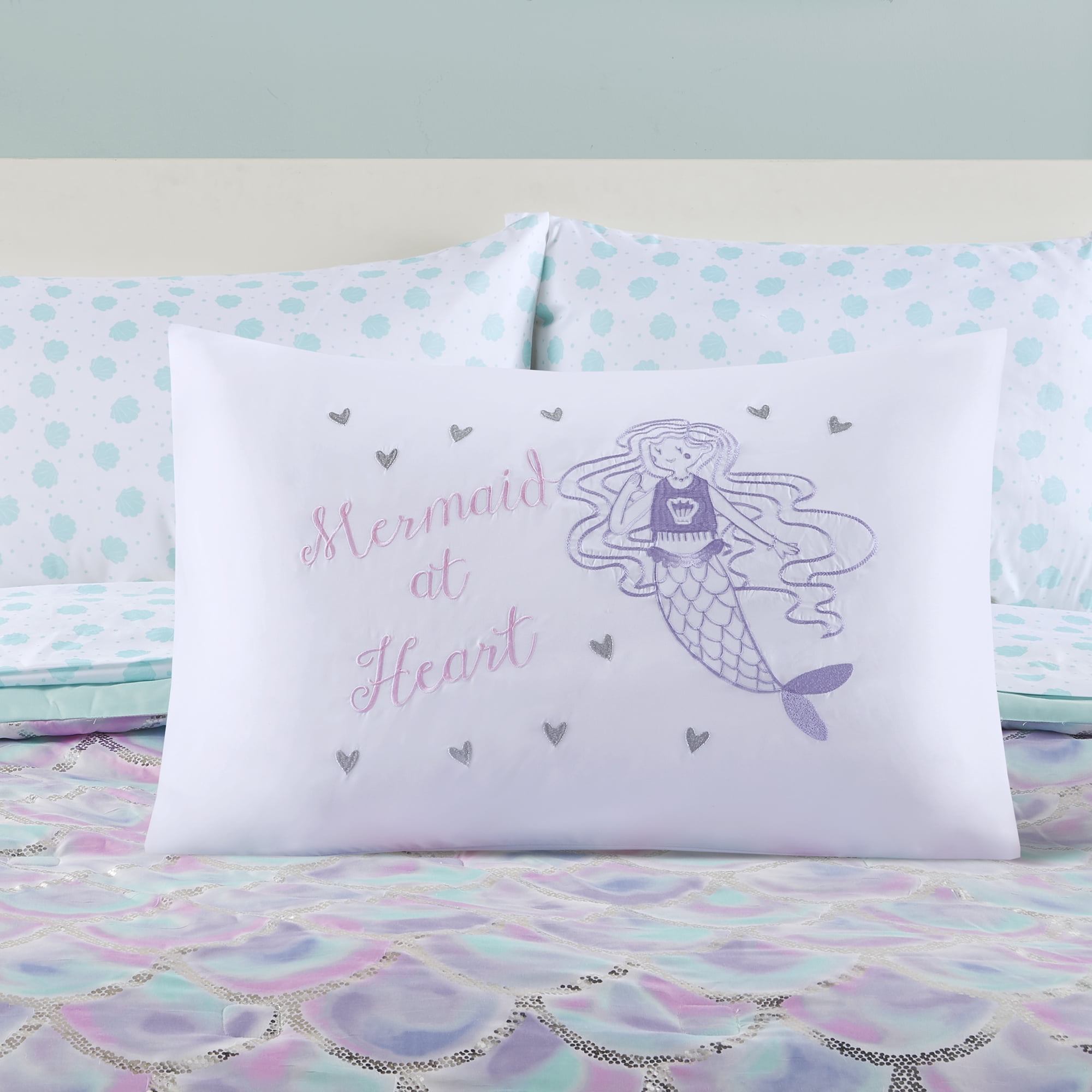 Your Zone Iridescent Seashell Lavender Aqua Printed 8 Piece Mermaid Bed in a Bag, Full - Image 6