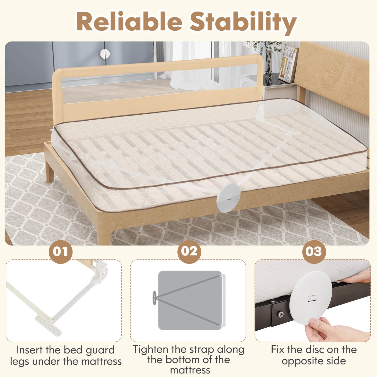 Babyjoy 71" Long Bed Rail for Toddlers with Removable Cover Breathable Mesh & Crossbar Beige - Image 4