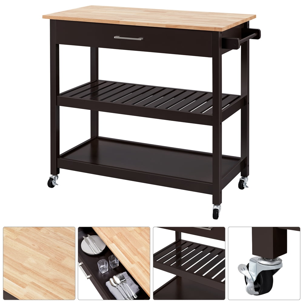 Alden Design Wooden Kitchen Cart with Storage Shelves and Drawer, Espresso/Oak - Image 7