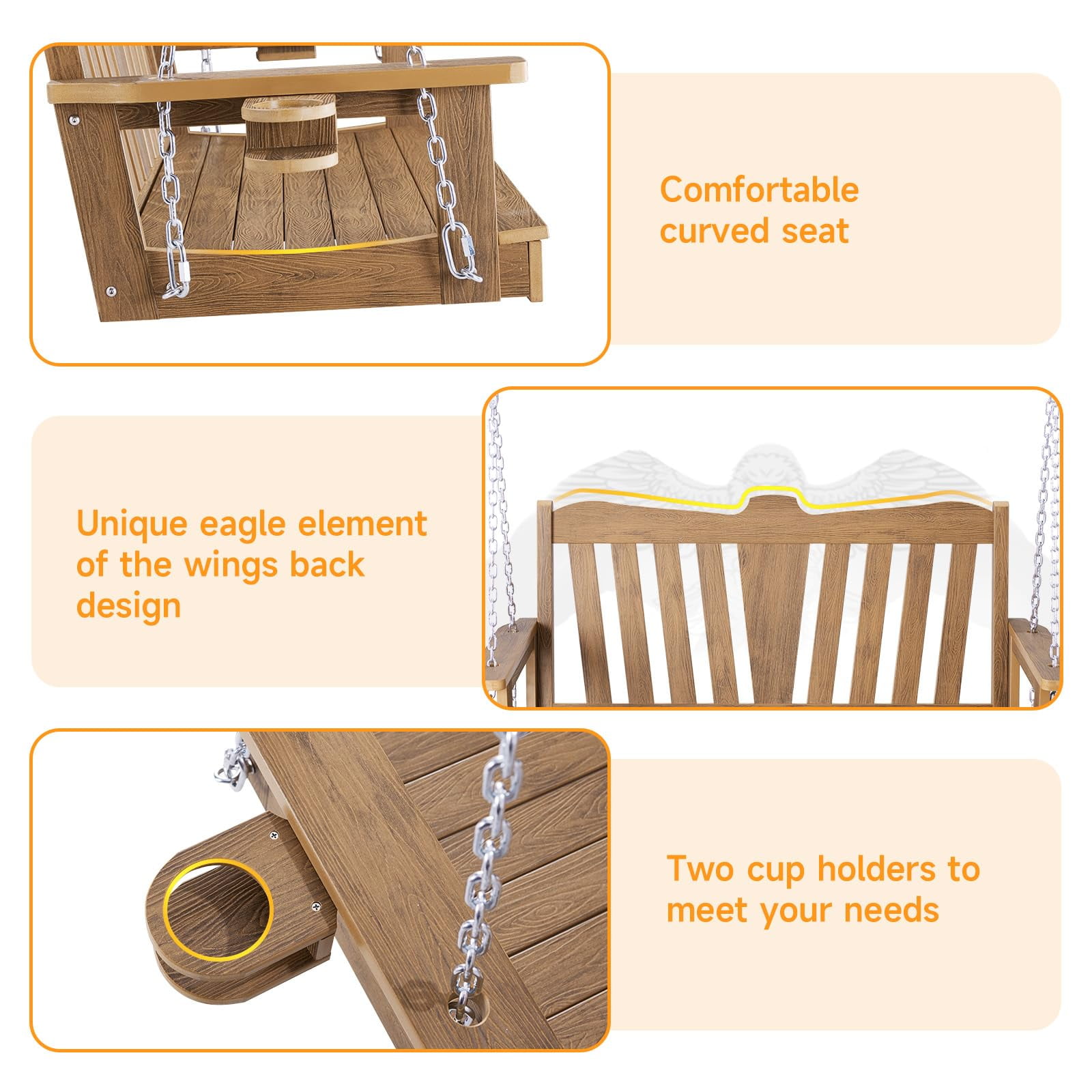 Naipo Upgraded Patio HDPS Porch Swings 2-Seater for Outdoor Lawns Garden Yard, Outdoor Patios Swing Can Hold Up to 800lbs, Swing Chair Bench with Adjustment Hanging Chains for Outdoors - Image 5