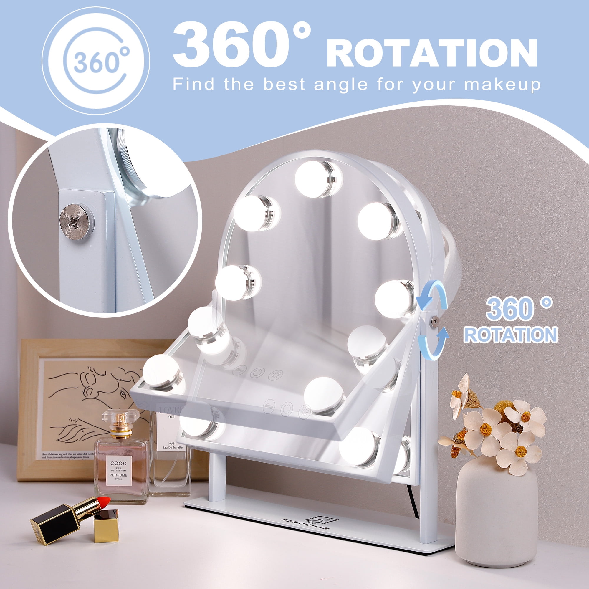 Fenchilin 12''x14'' Arch Vanity Makeup Mirror with Lights Metal Tabletop White - Image 4