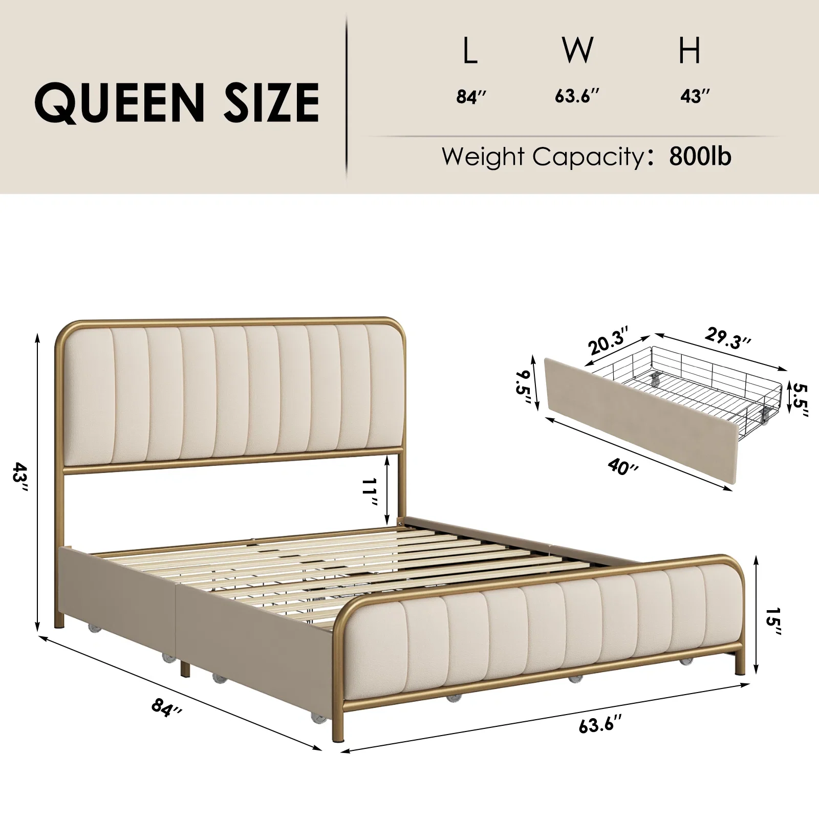 Homfa Queen Size 4 Storage Drawers Bed, Gold Platform Bed Frame with Tufted Upholstered Headboard, Gold and Beige - Image 5