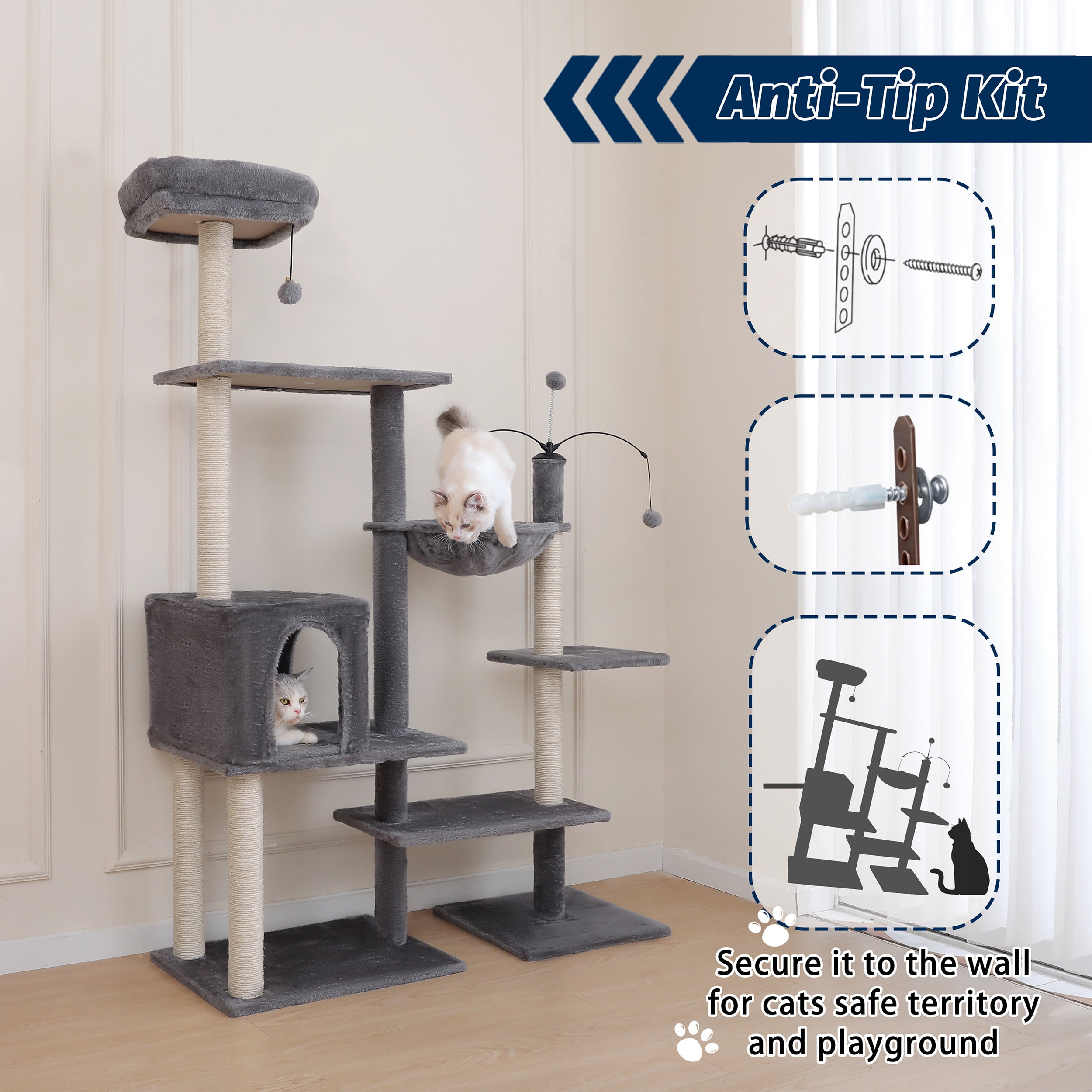 Vibrant Life 64” Multiple Level Cat Tree Tower with Condo and Hammock, Gray - Image 8