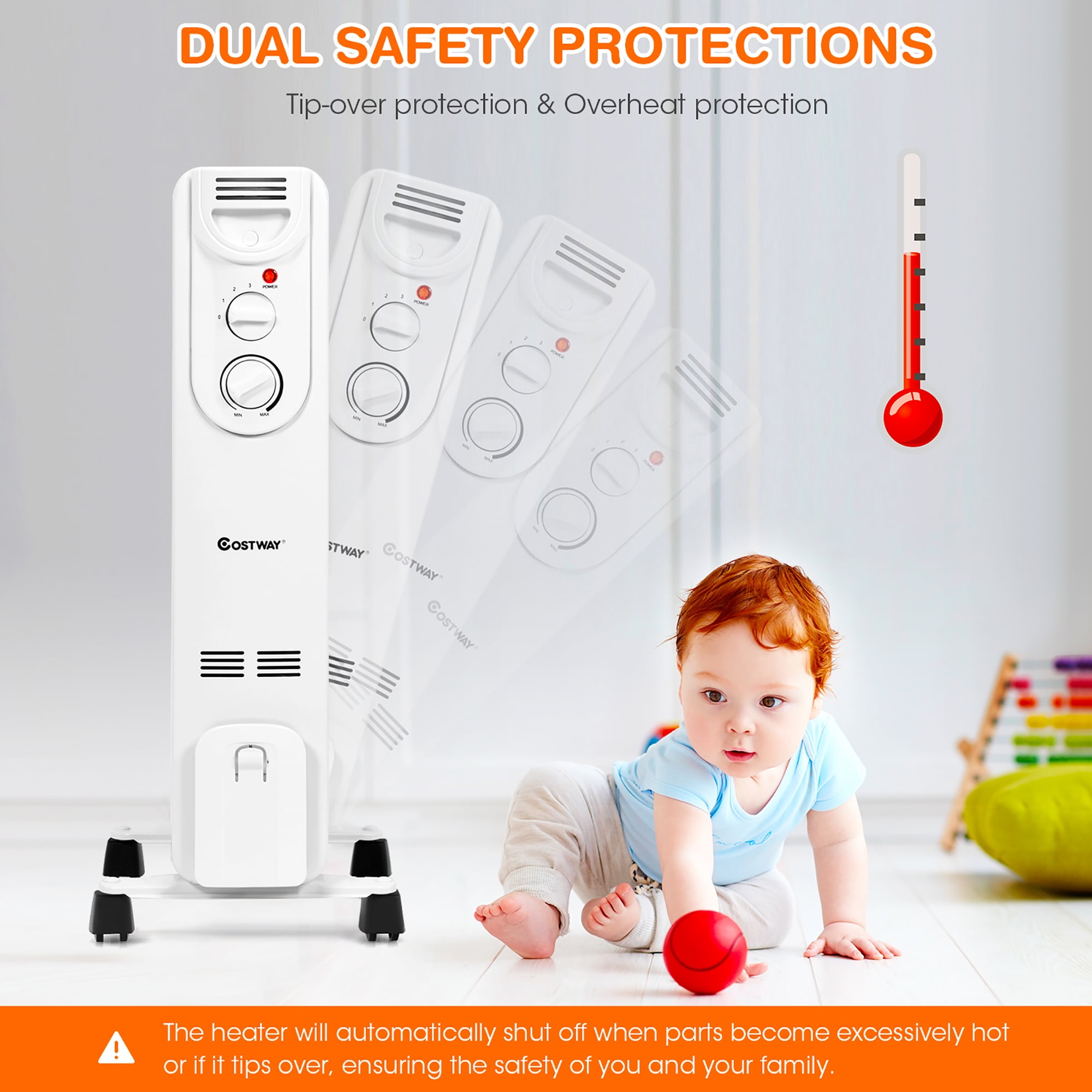 Costway 1500W Electric Oil Filled Radiator Space Heater 5-Fin Thermostat Room Radiant - Image 4