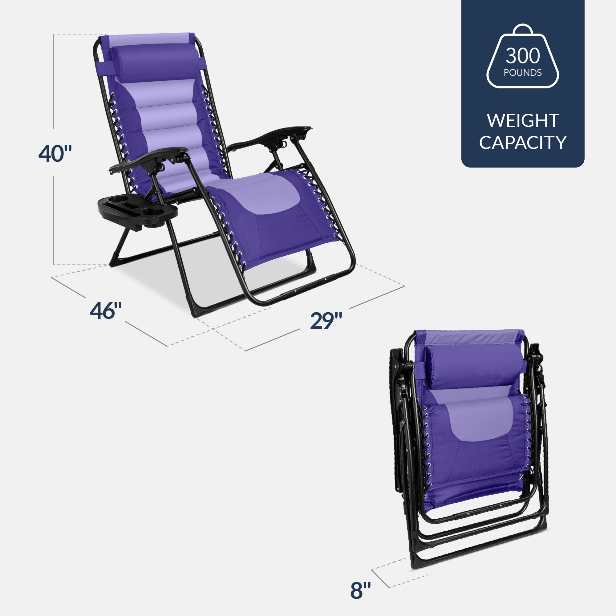 Best Choice Products Oversized Padded Zero Gravity Chair, Folding Outdoor Patio Recliner w/ Side Tray - Purple/Violet - Image 3