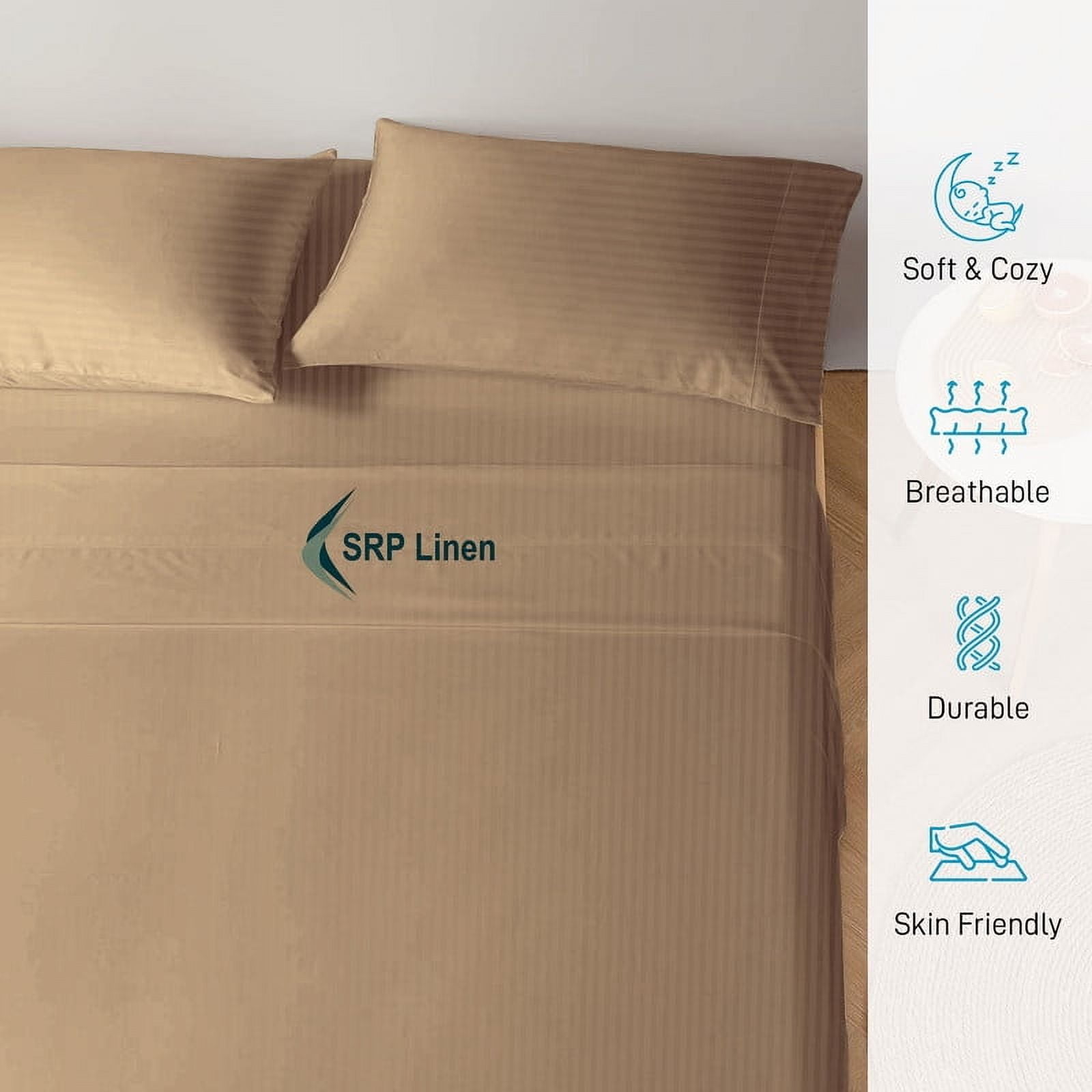 600 Thread Count 4 Piece Quality Sheet Set 24 Inch Deep Pocket 100% Egyptian Cotton Color Taupe Stripe Size Queen - Image 2