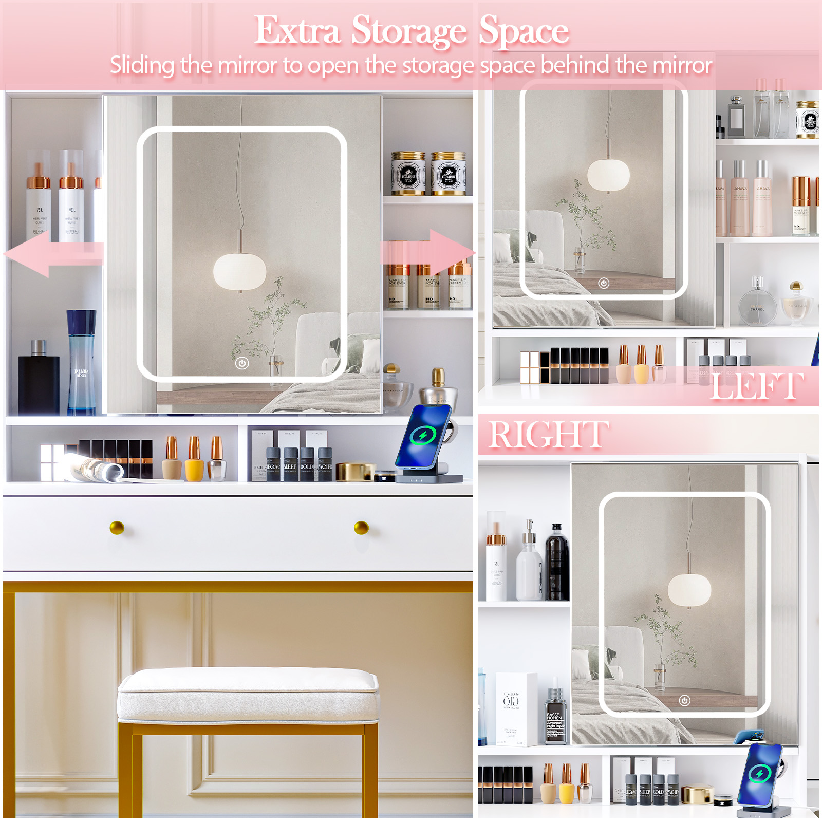 VIPLIVE Vanity Desk with LED Lighted Mirror & Power Outlet, Makeup Vanity Table with Jewelry Cabinet 2 Drawers, and 4 Storage Shelves, 3 Lighting Colors White Vanity Set for Bedroom & Dressing Room - Image 3