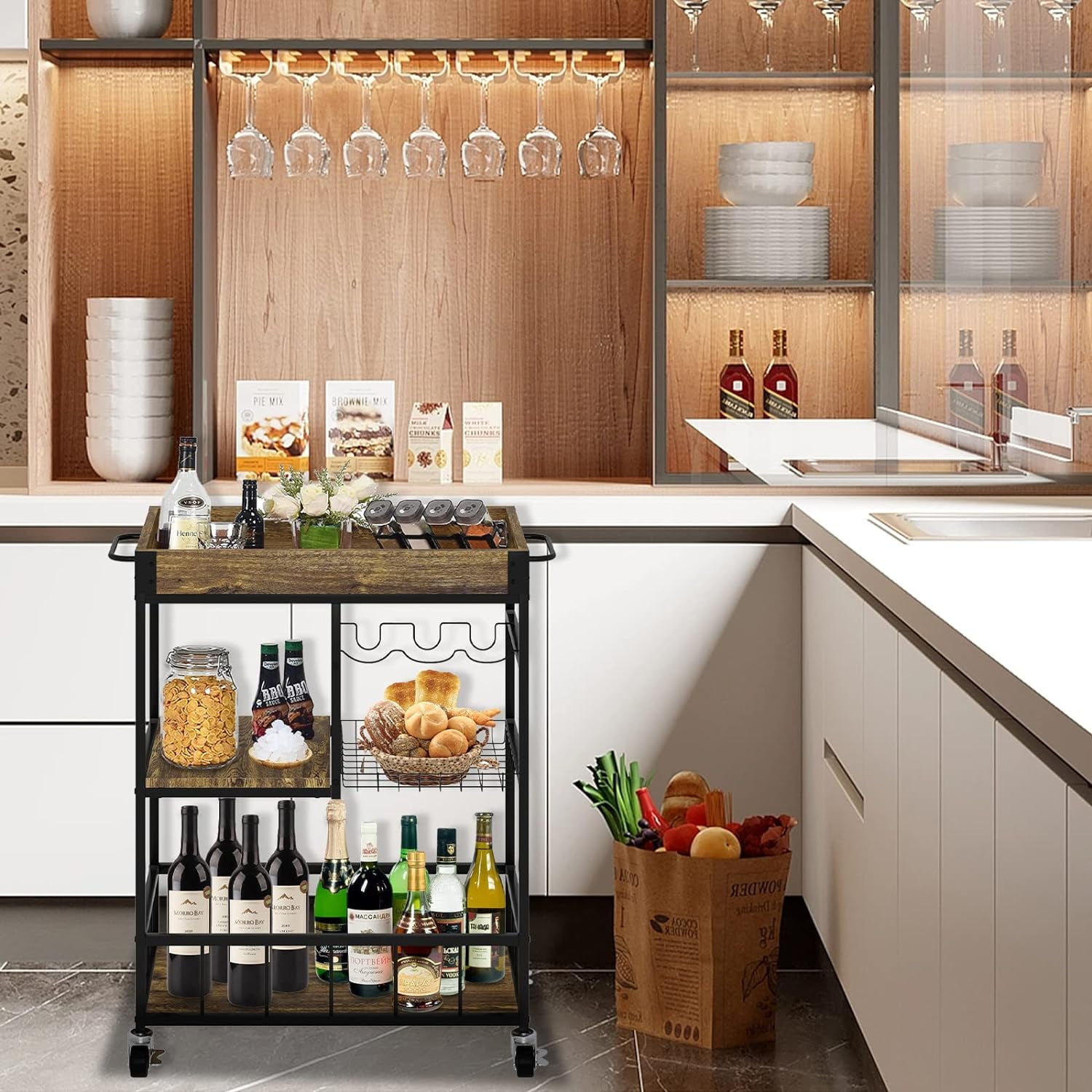 Aboxoo Vintage Style Kitchen Serving Cart with Basket - Image 9