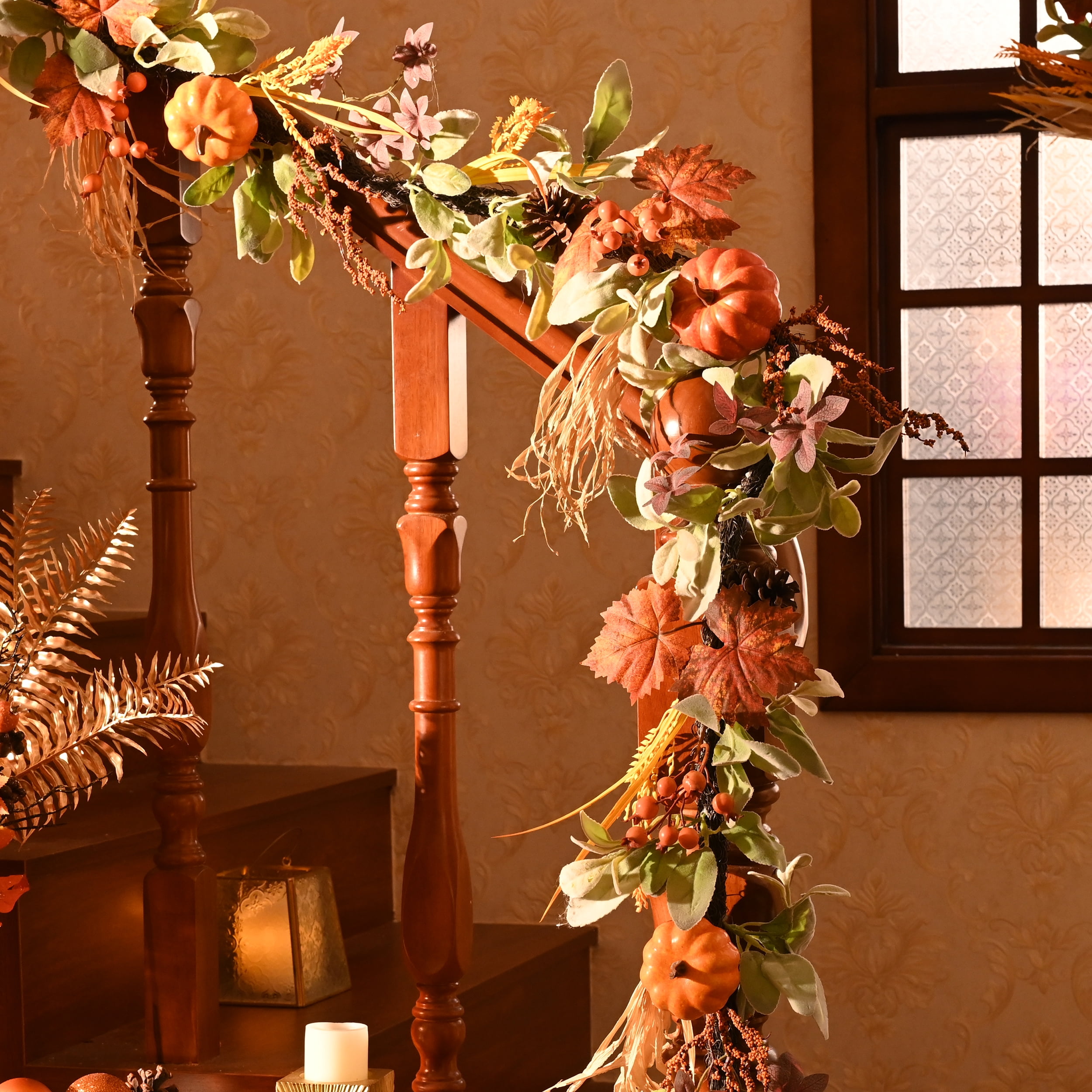 Valery Madelyn 6 ft Pre-Lit Fall Garland Lighted Thanksgiving Garland with Orange Pumpkin & Maple Leaf & Wheat for Fireplace Farmhouse Front Door Indoor Swing Frames - Image 7