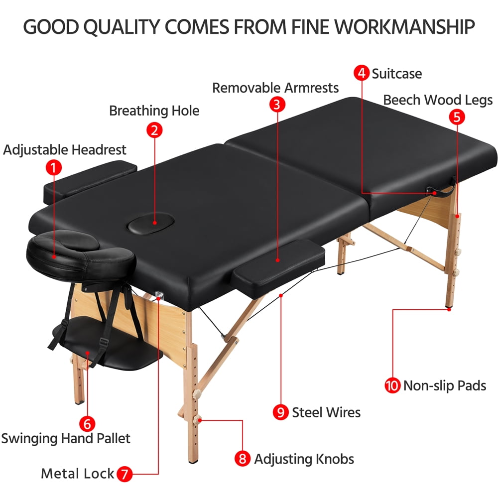 Alden Design 2-Fold Portable Massage Table with Carry Case Bag for Spa Treatments, Black - Image 11