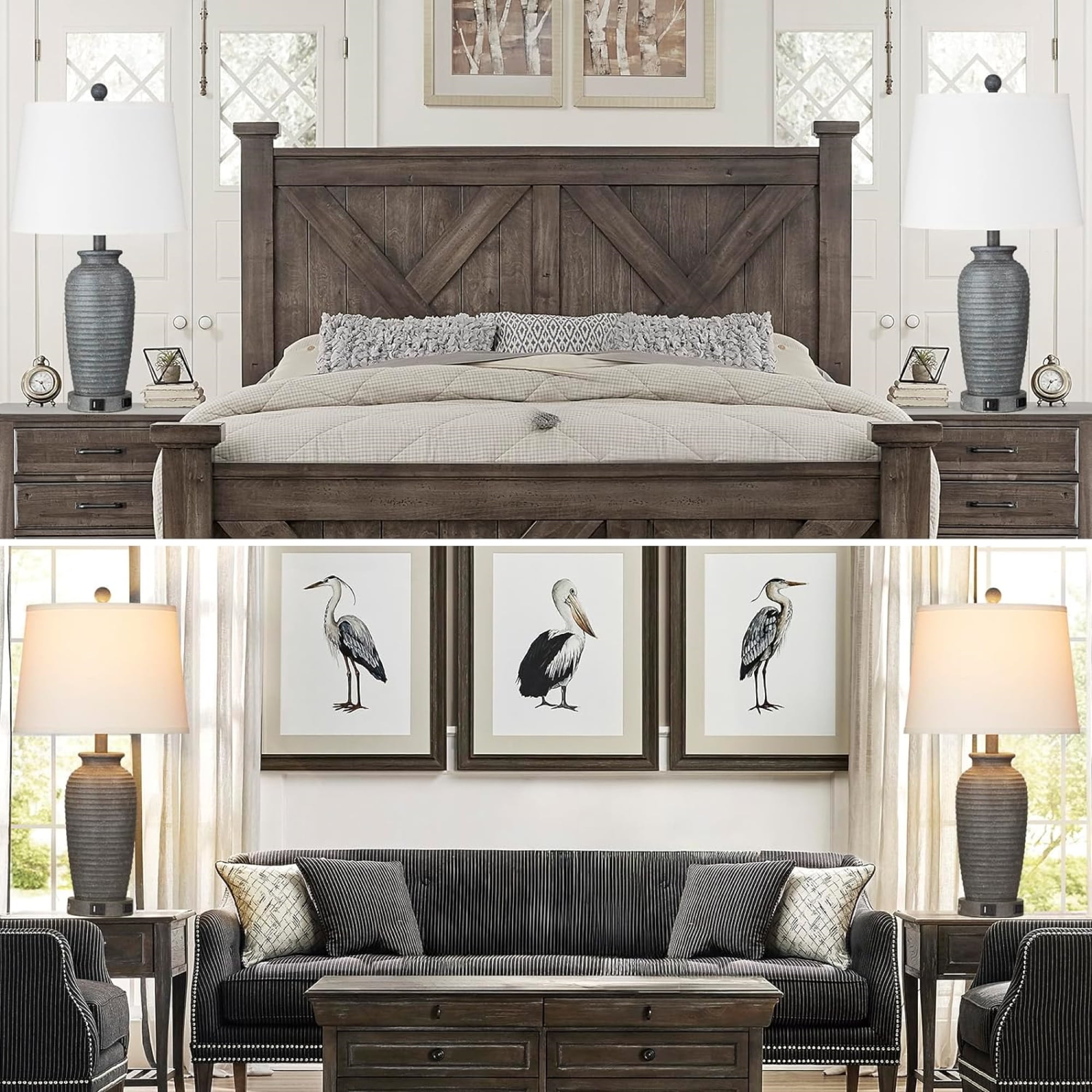 Cinkeda 24" Retro Resin Table Lamp Set of 2 with USB Type-C Ports AC Outlet 3 Way Dimmable Touch Control Grey Jar Bedside Nightstand Lamps for Living Room Bedroom - Image 2