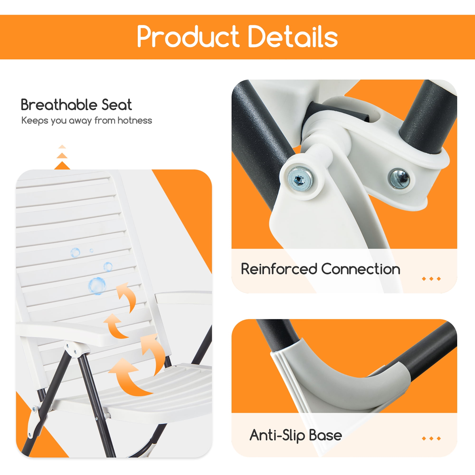 Costway Patio PP Folding Chair Adjustable Reclining 7-Level All-Weather Portable Outdoor White - Image 4