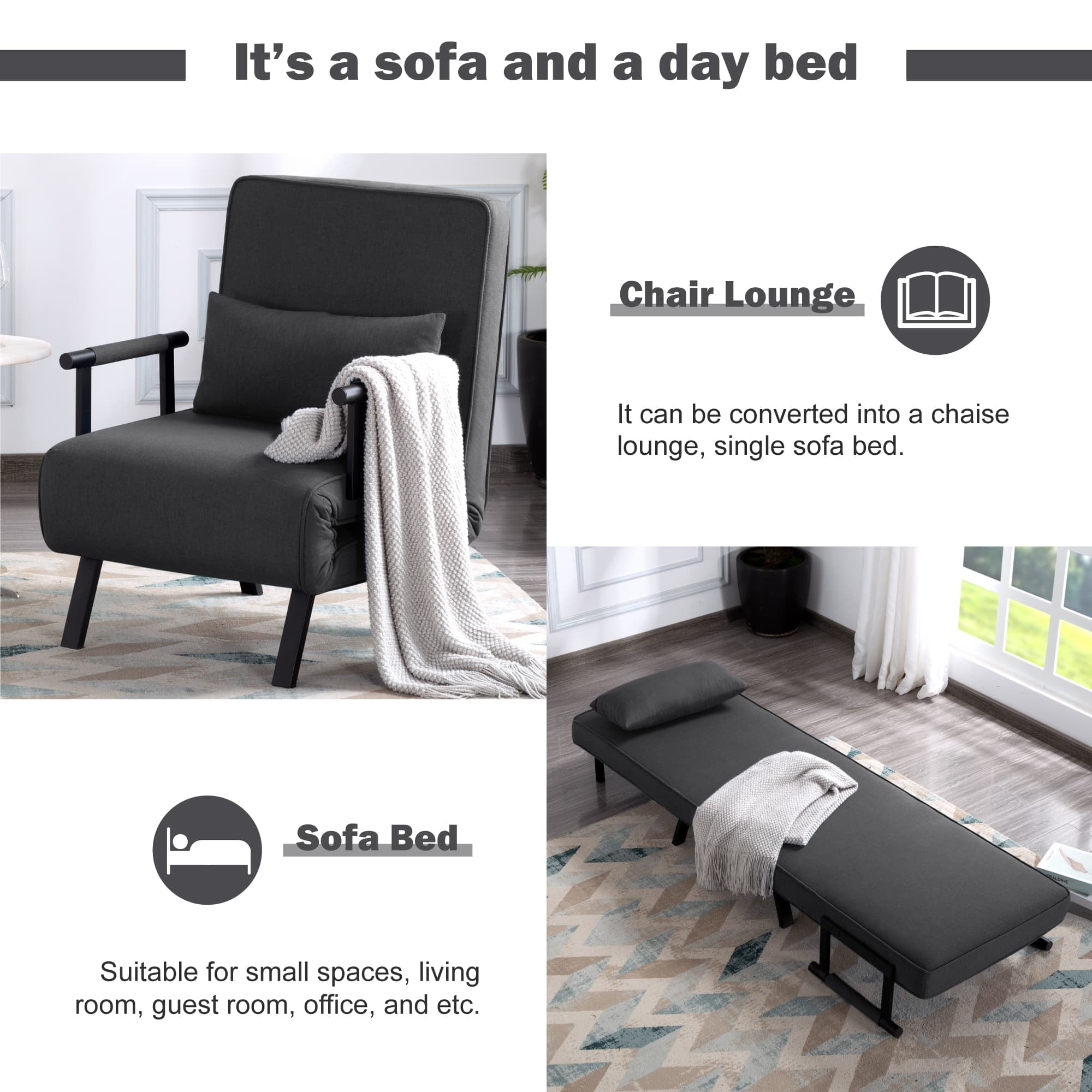 BSHTI 26”Folding Arm Chair Lounge 4-in-1, Convertible Sofa Bed, Modern Sofa Bed,for Small Spaces,Living Room,Guest Room,Office(Dark Gray) - Image 8