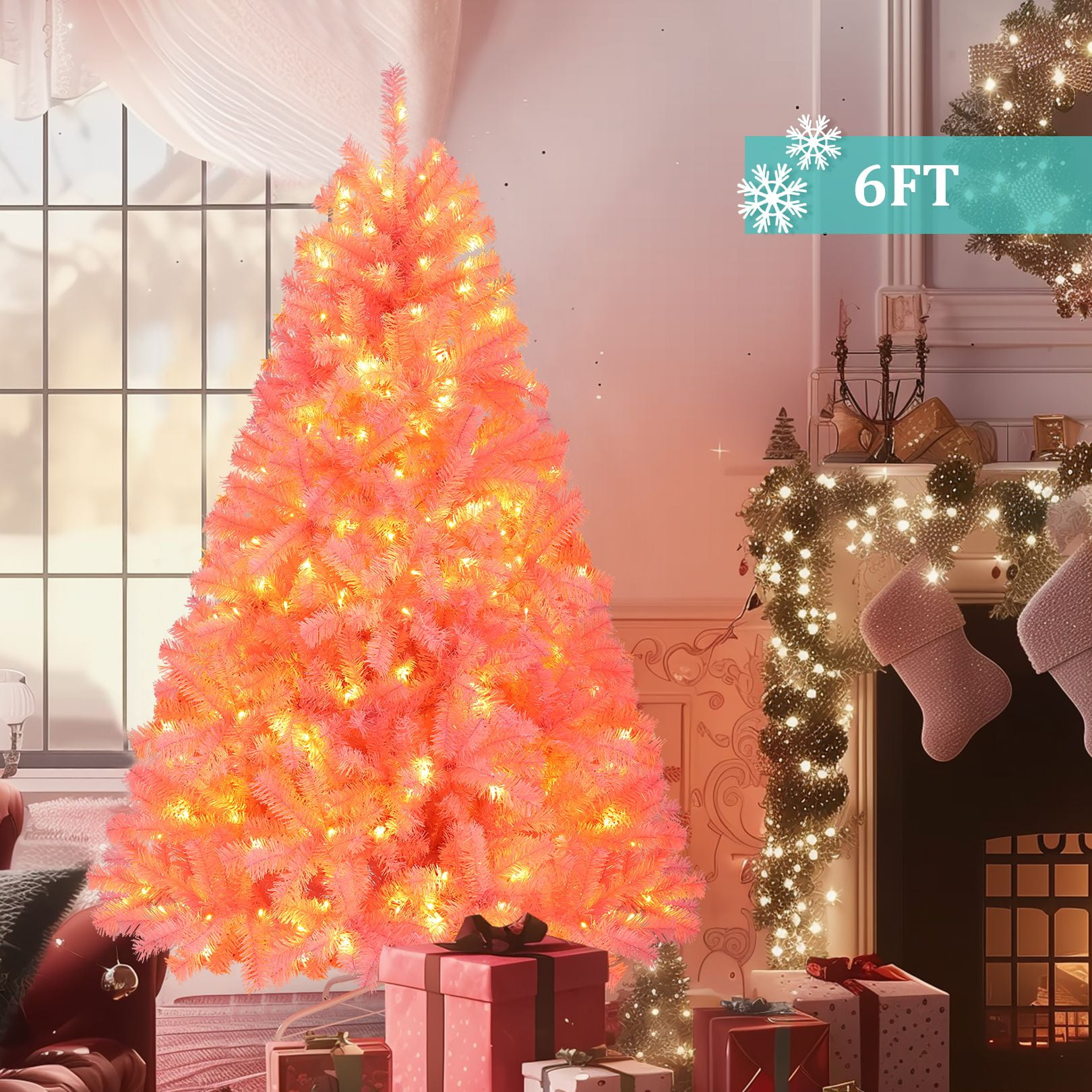 Funcid 6ft Pink Artificial Christmas Tree, Hinged Spruce Full Tree with 1,477 Branch Tips, 250 Incandescent Lights, Foldable Metal Stand, PVC Material, Xmas Tree for Indoor and Outdoor Decoration - Image 6