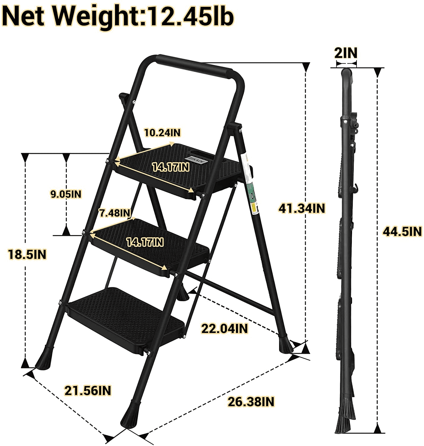 3 Step Ladder, Folding Step Stool with Wide Anti-Slip Pedal, Portable Folding Handgrip Step Ladder for Household and Office, Black - Image 4