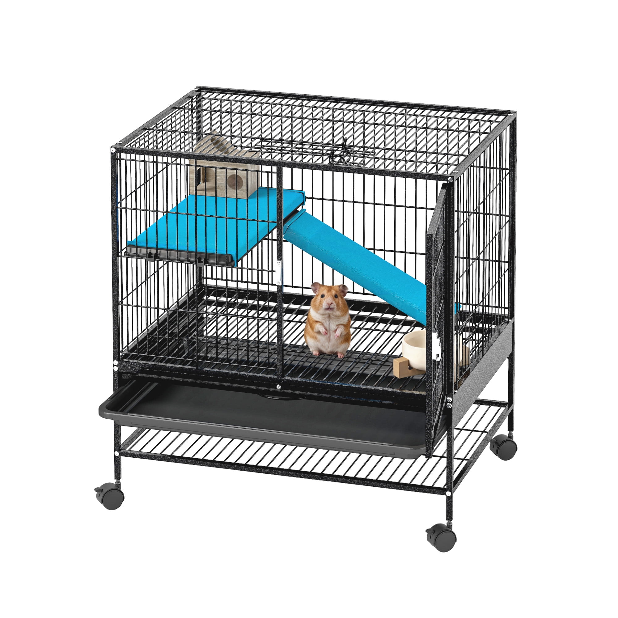 Uforic Small Animal Cage with Platforms & stair,Indoor Metal 2-Tiers Animal Cage for Rabbits, Chinchillas and Hamsters,4 universal 360 °wheels,Black - Image 2