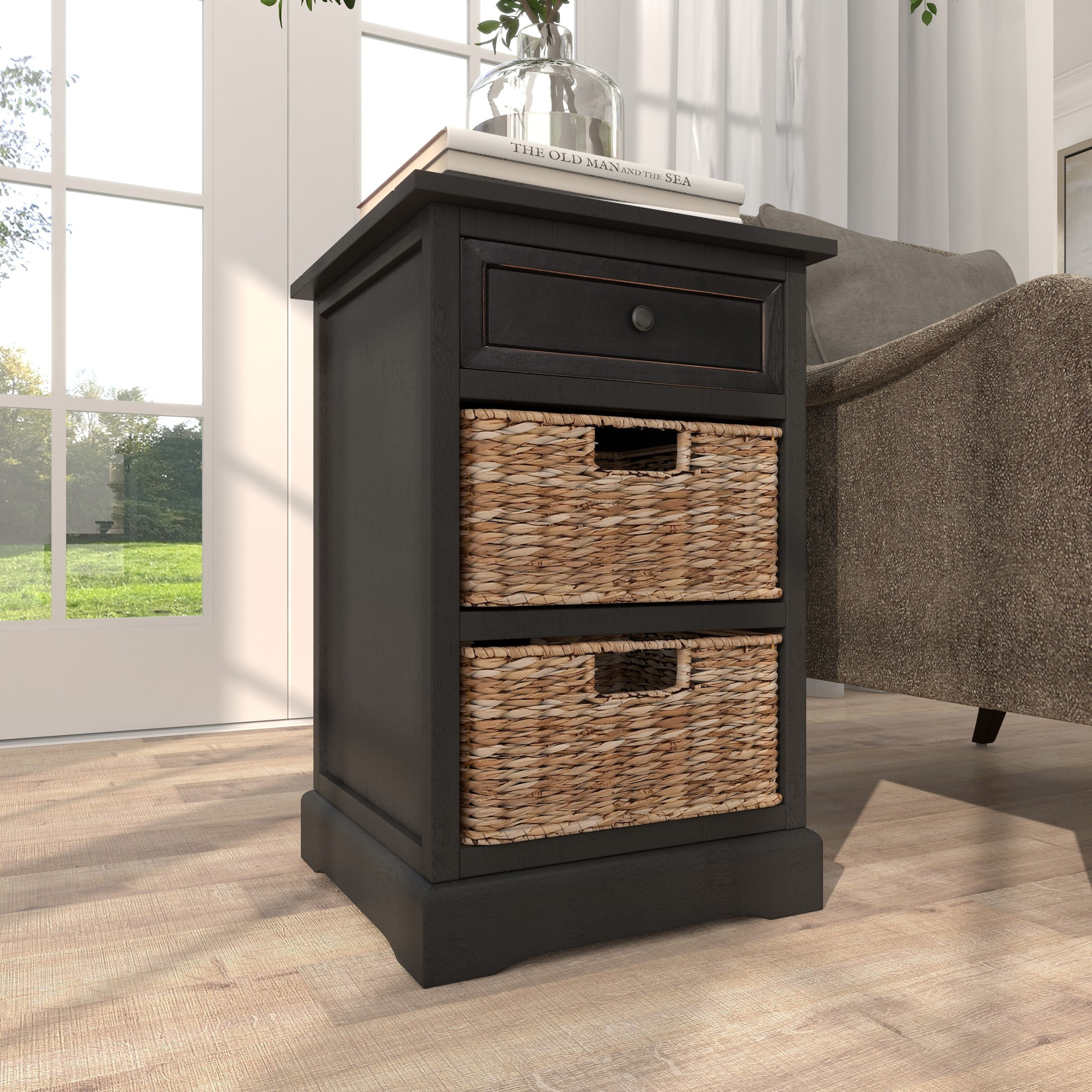 DecMode 16" x 28" Black Wood 1 Drawer Storage Unit with 2 Wicker Basket Drawers, 1-Piece - Image 11