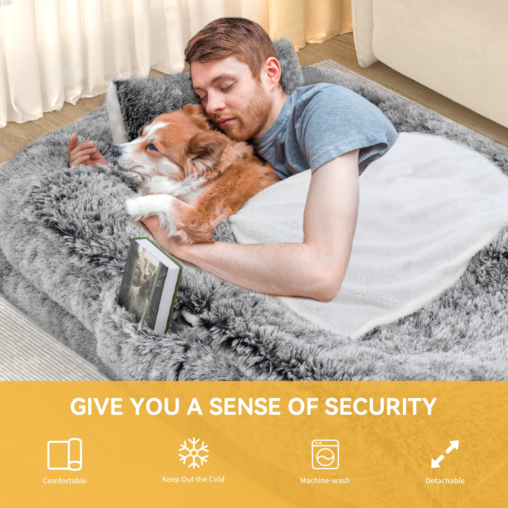 Dextrus Human Dog Bed, Oversized Memory Foam Dog Bed, 79"x43" with Blanket and Pillow, Removable Fur Cover, Grey - Image 5