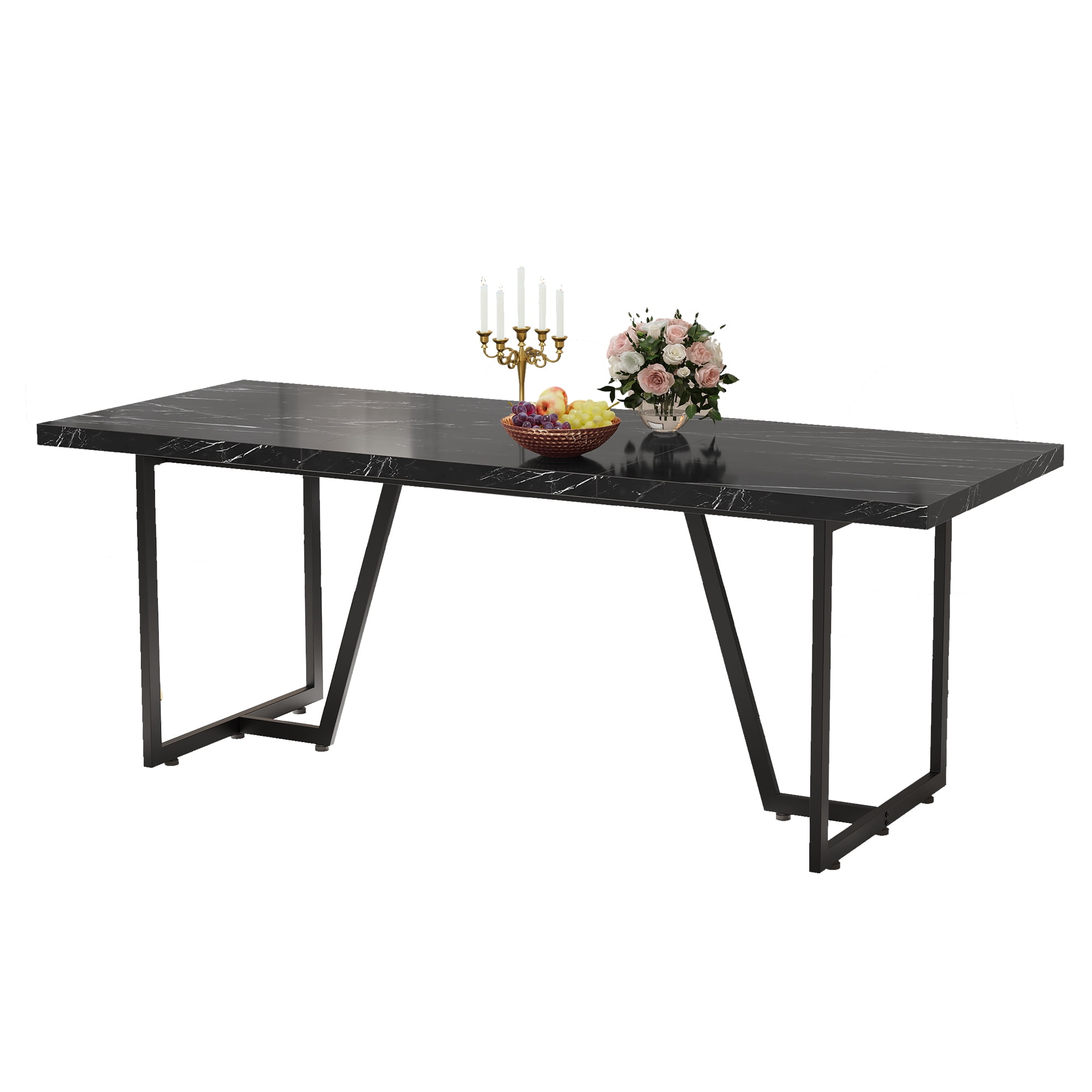 Dextrus Modern Dining Table, 82 inches Rectangle Dinner Table for 6-8 People, Faux Marble Large Kitchen Table with Gold Metal Legs for Dinner Room Kitchen, Black - Image 7