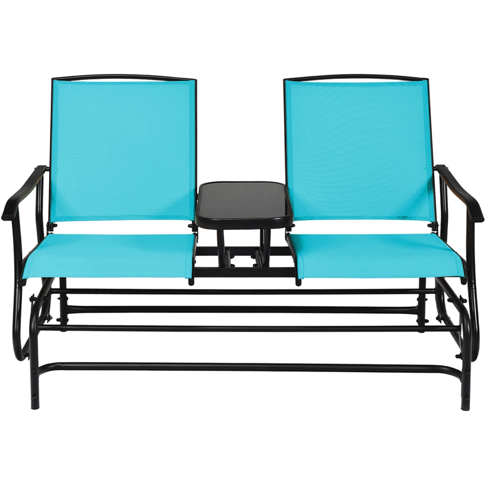 Gymax Patio 2-Person Glider Rocking Char Loveseat Garden w/ Tempered Glass Table Turquoise - Image 3