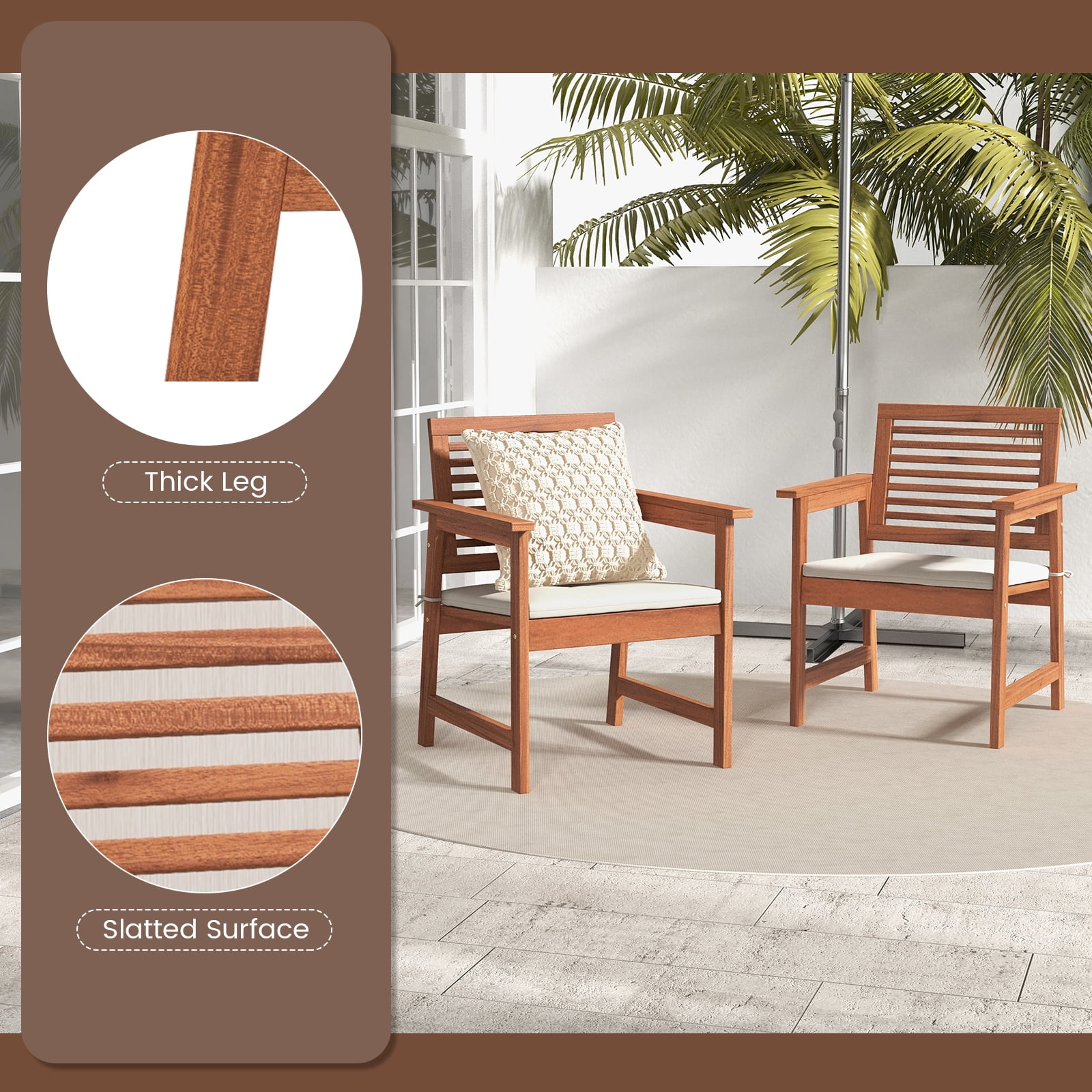 Costway Set of 2 Outdoor Dining Chair Patio Solid Wood Chairs with Comfortable Cushions - Image 8