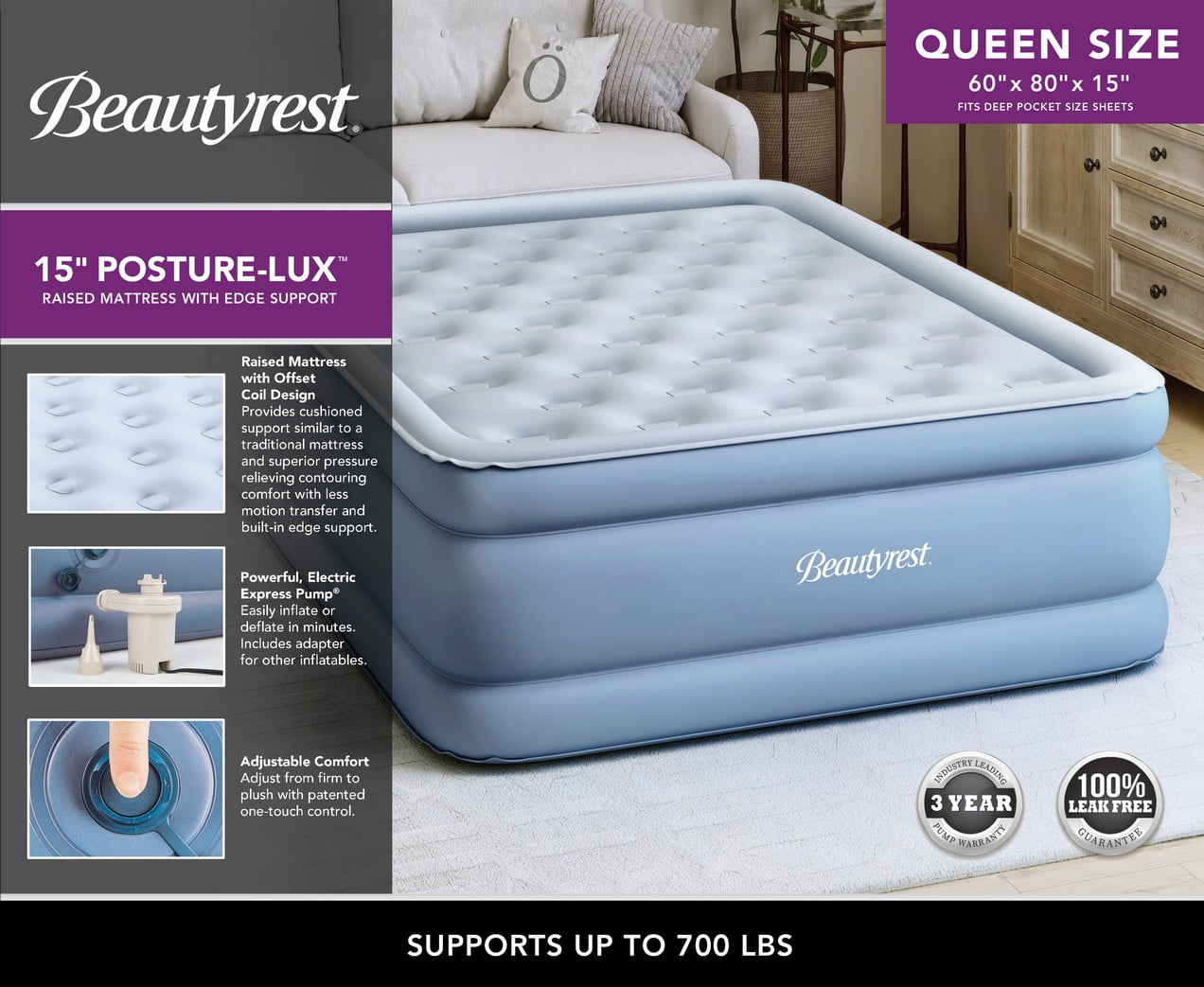 Beautyrest Posture-Lux 15" Queen Size Air Mattress with External Pump, Blow Up Mattress Best for Camping, Guests, and Home - 100% Leak Free, 3-Year Warranty - Image 6