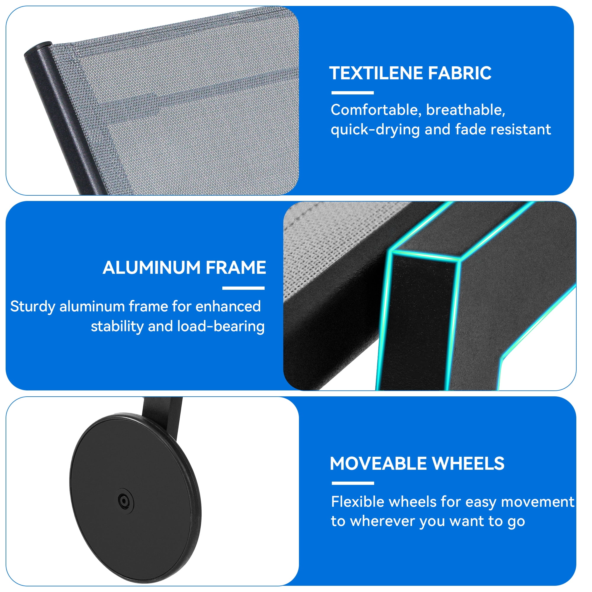 Dextrus 2 Pcs Outdoor Lounge Chairs with Side Table, Reclining Sun Loungers Featuring Aluminum Frame/Textilene Fabric/Wheels - Image 5