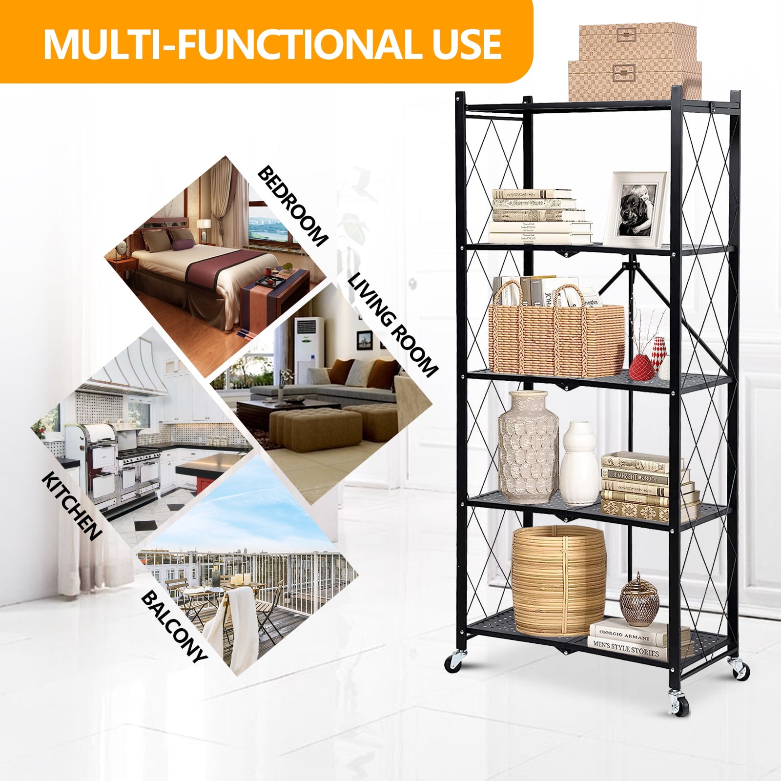 SUGIFT Storage Shelves, 5-Tier Foldable Metal Garage Shelf with Wheels, Kitchen Shelf with 3 Hooks, Black - Image 4