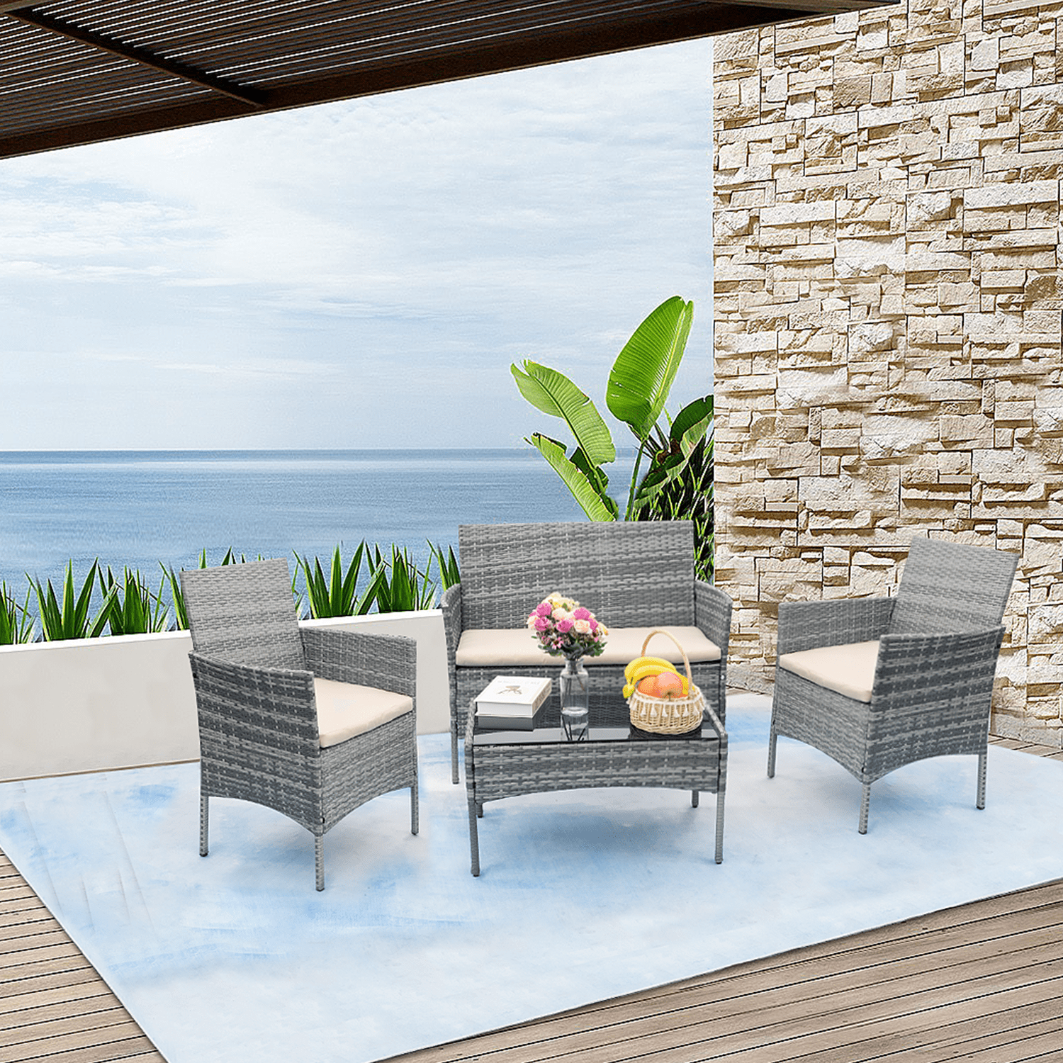 Lacoo 4 Pieces Outdoor Patio Furniture Gray PE Rattan Wicker Table and Chairs Set - Image 2