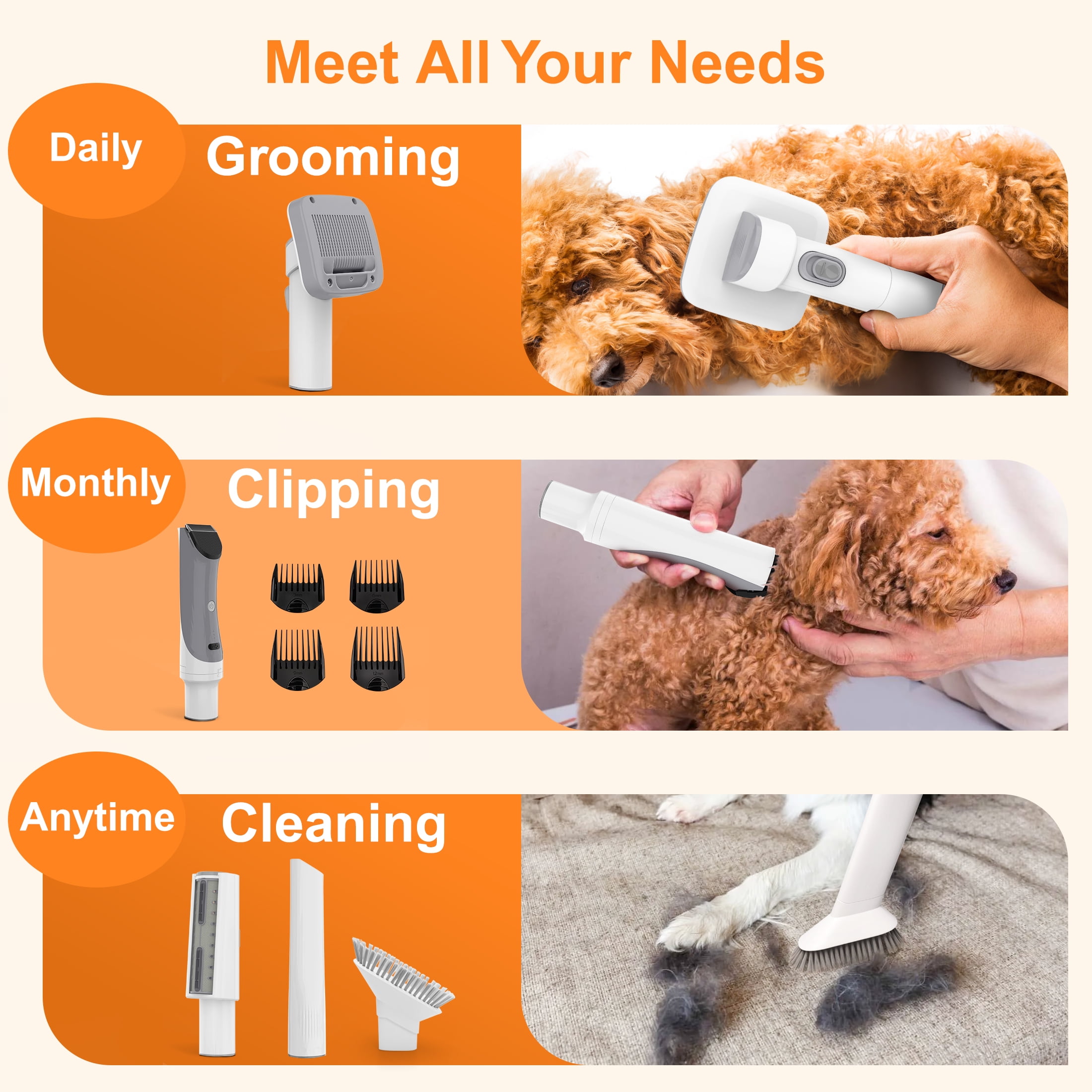 Monasem Dog Grooming Vacuum for Shedding, 13,200Pa Pet Grooming Vacuum Kit with Dogs Cats Clippers, 6 in 1 Low Noise Home Cleaning Tool - Image 4