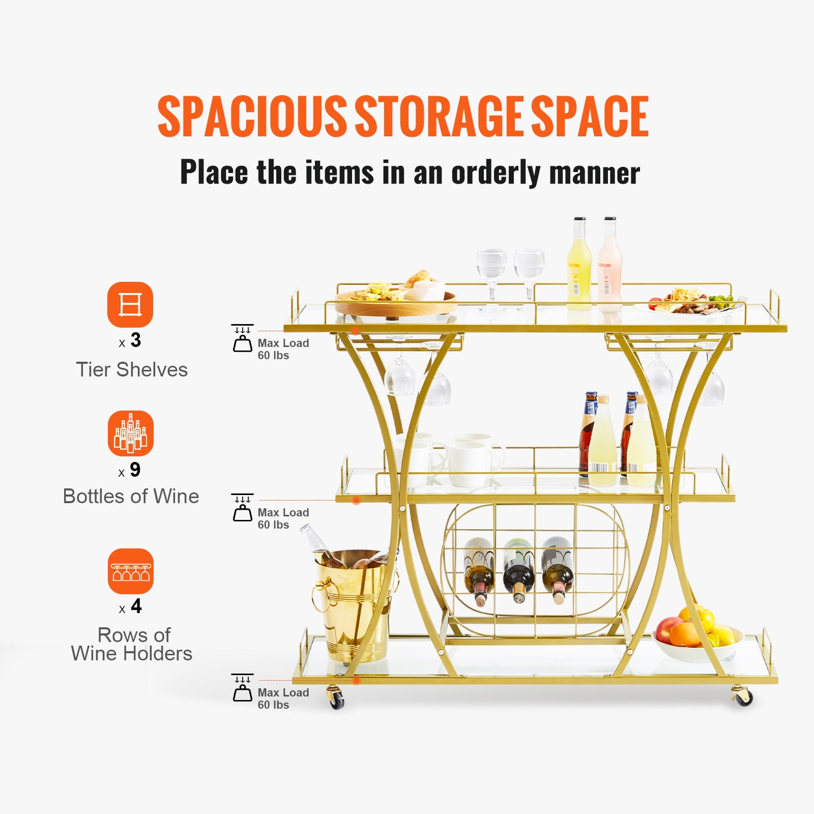 VEVOR Gold Bar Cart, 3 Tiers Home Bar Serving Cart with Lockable Wheels and Wine Rack Glass Holder, Rolling Wine Cart, Modern Wine Cart for Home Kitchen Dining and Living Room, 180 lbs - Image 7