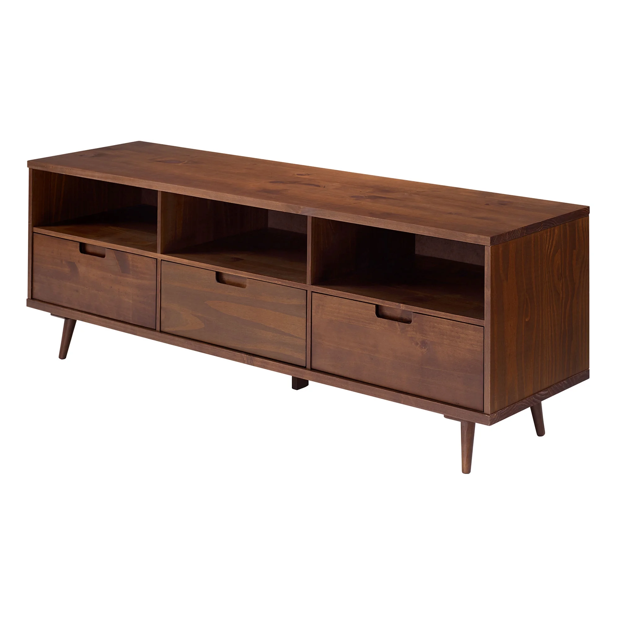 Walker Edison Modern Boho Wood 3 Drawer 70” TV Stand, Walnut - Image 2