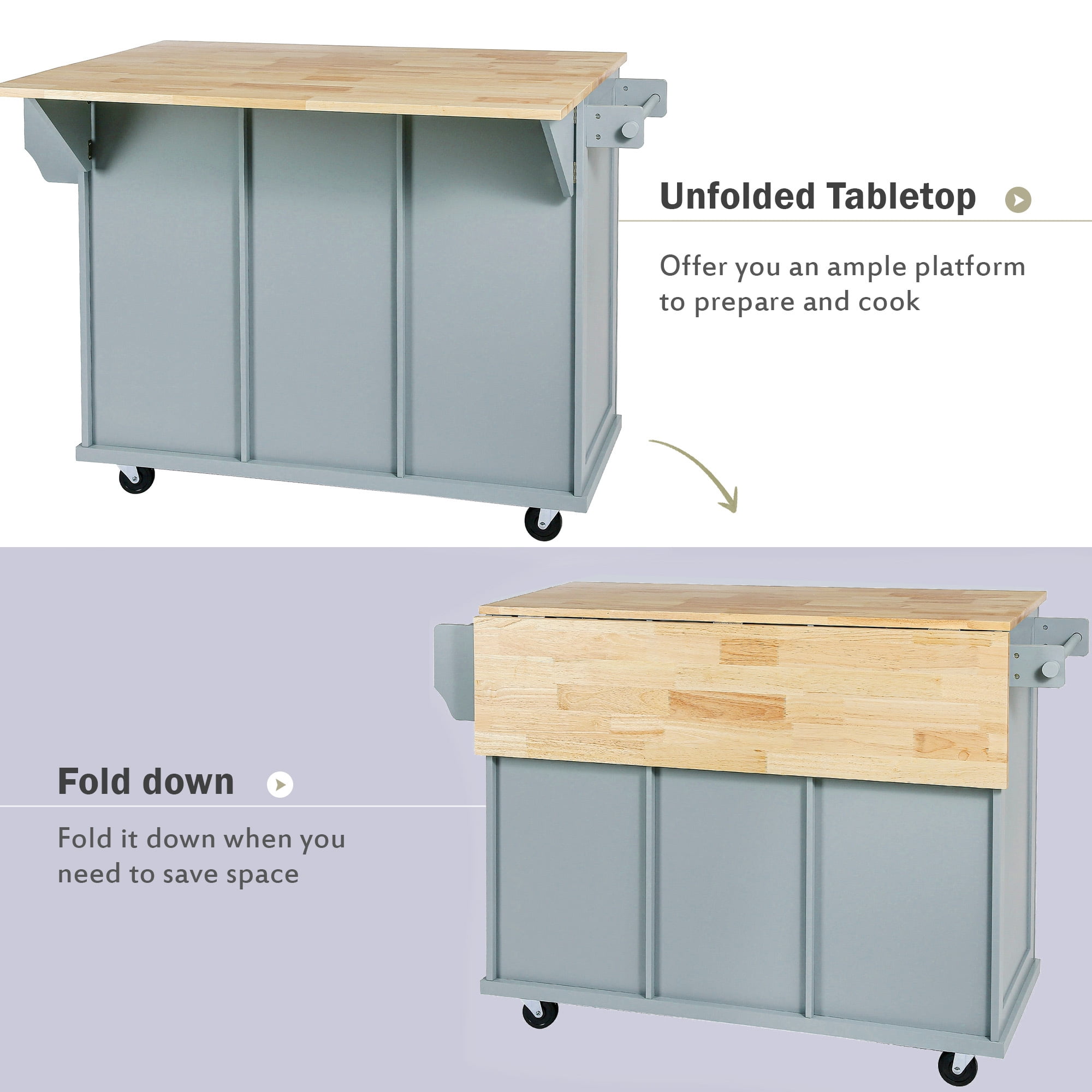 DEALTOPS Kitchen Island Cart with wheels and Rubber wood Drop-Leaf Countertop,Cabinet door internal storage racks,Kitchen Island on 5 Wheels with Storage Cabinet & 3 Drawers for Dinning Room-Blue - Image 11
