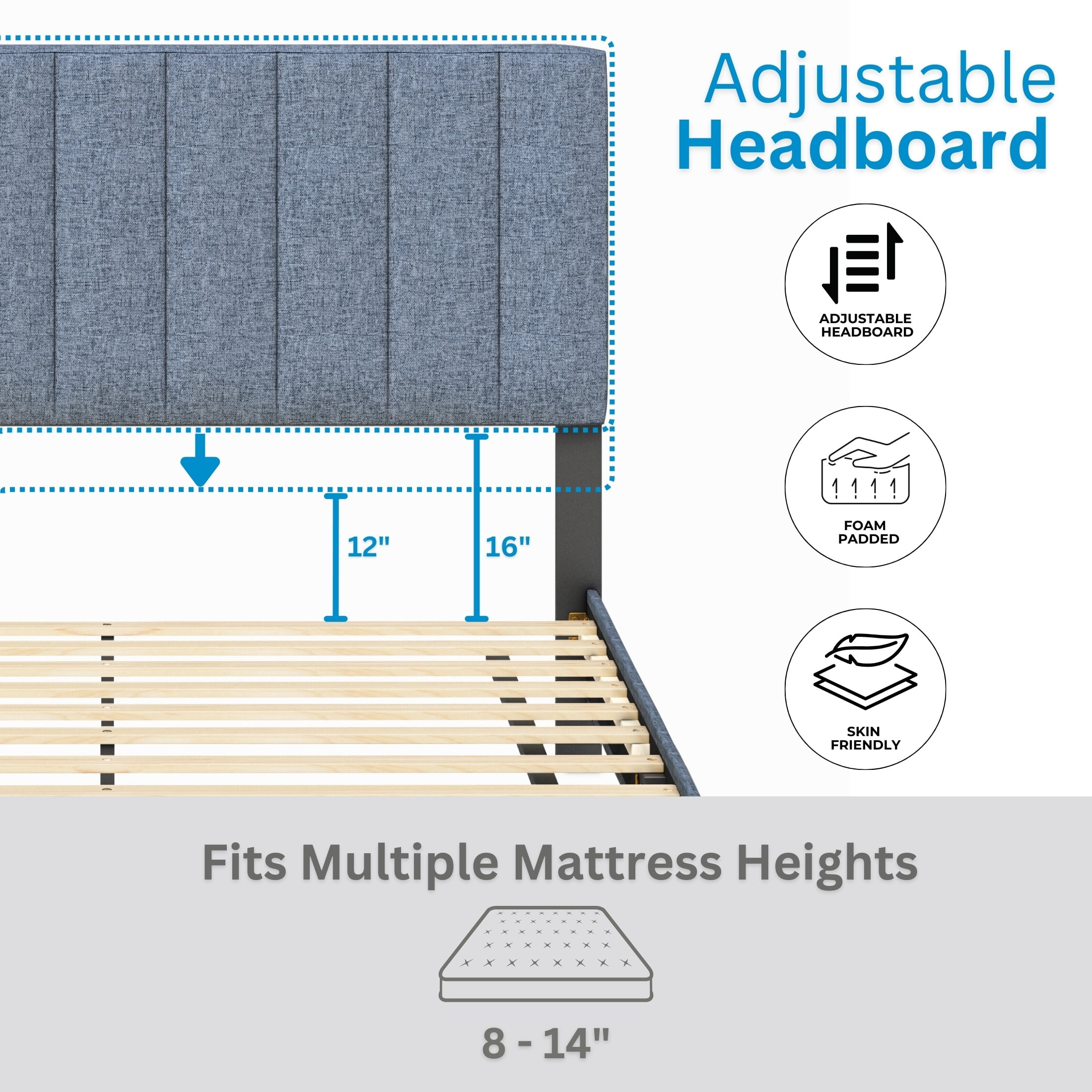 Boyd Sleep Leah Blue Linen Full Size Fully Upholstered Platform Bed Frame with Adjustable Headboard - Image 16