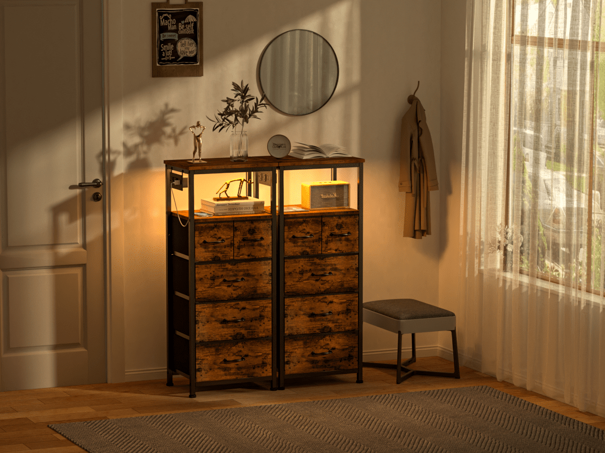 Furologee Vertical Storage Dresser with 5 Drawers & Shelves for Bedroom, Living Room, Nightstand with Charging Station & Led Lights for Adult, Rustic Brown - Image 11