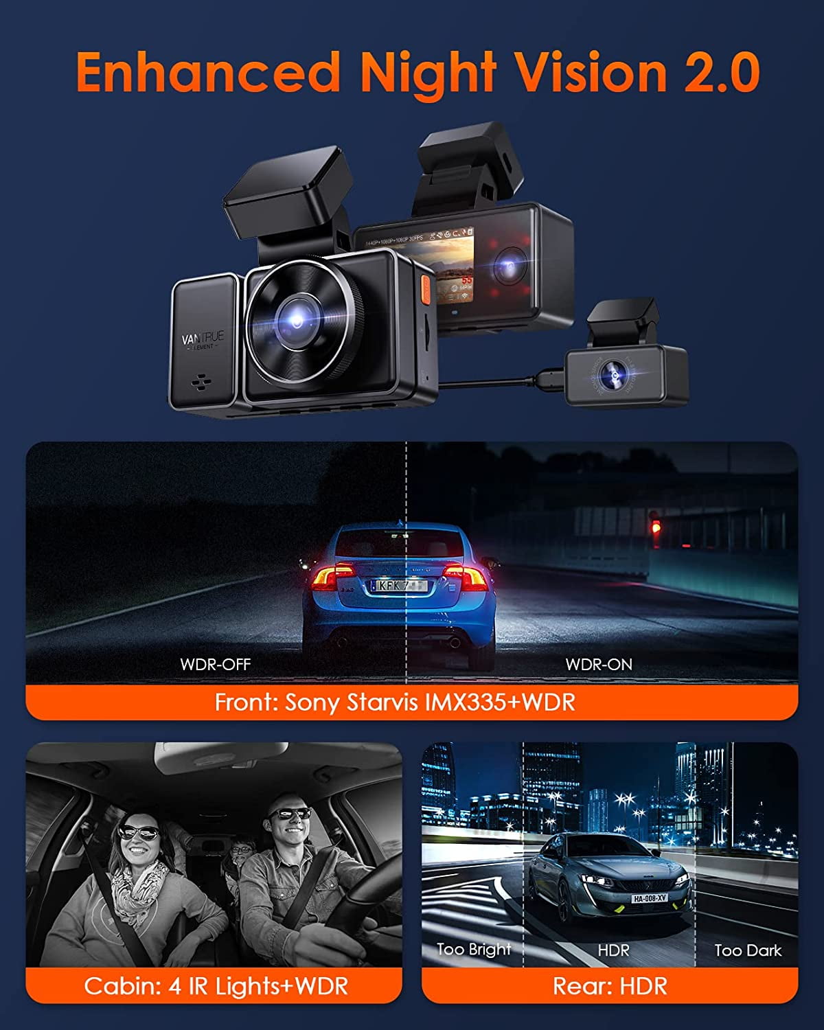 Vantrue E3 2.5K 3 Channel WiFi Dash Cam 1944P+1080P+1080P Front and Rear Inside 3 Way GPS Dash Camera for Car Voice Control IR Night Vision 24 Hrs Parking Mode Motion Detection - Image 7