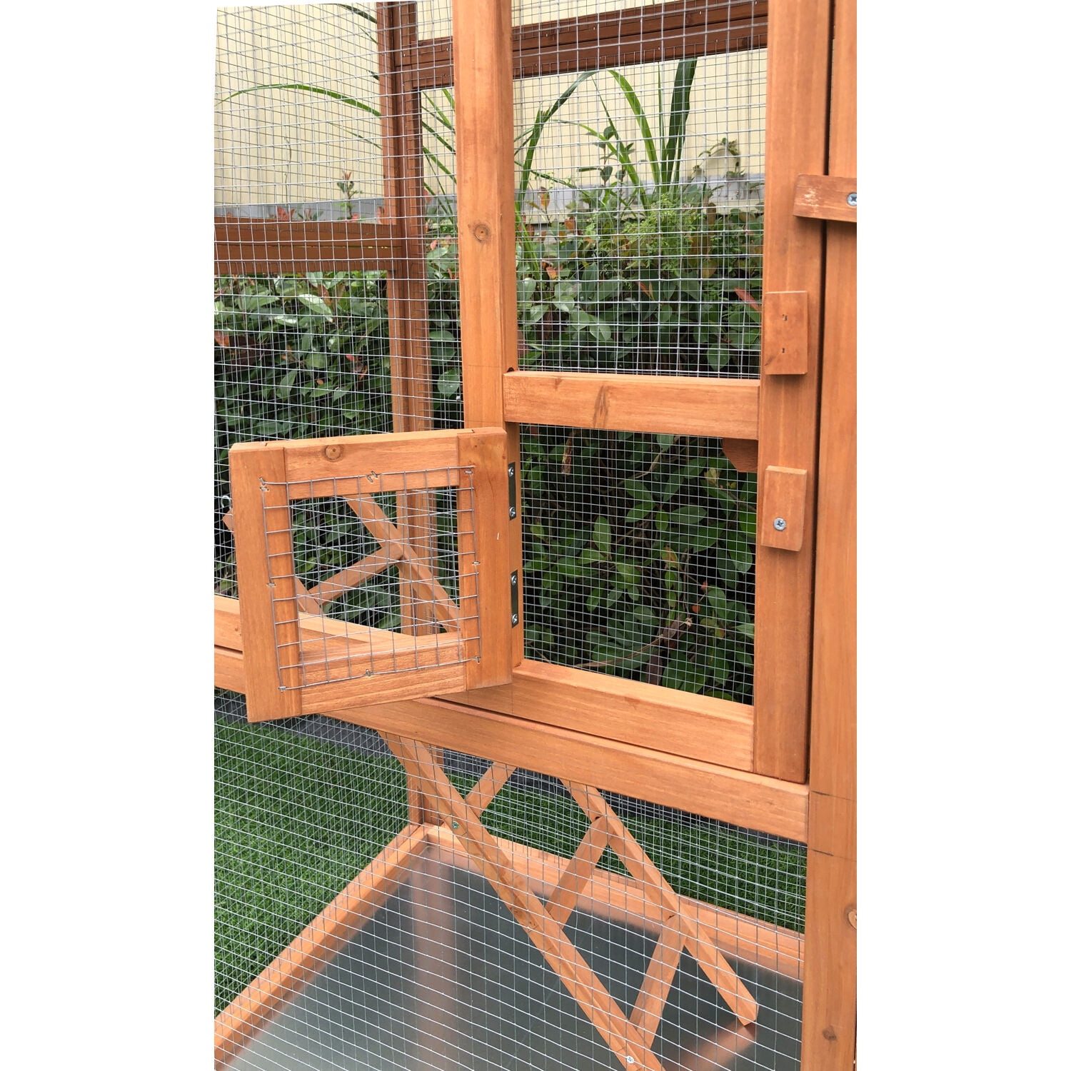 Hanover Outdoor Wooden Bird Cage with 3 Resting Bars, Ladder, Waterproof Roof and Removable Tray, 2.9 Ft. x 2.1 Ft. x 5.8 Ft. - Image 9